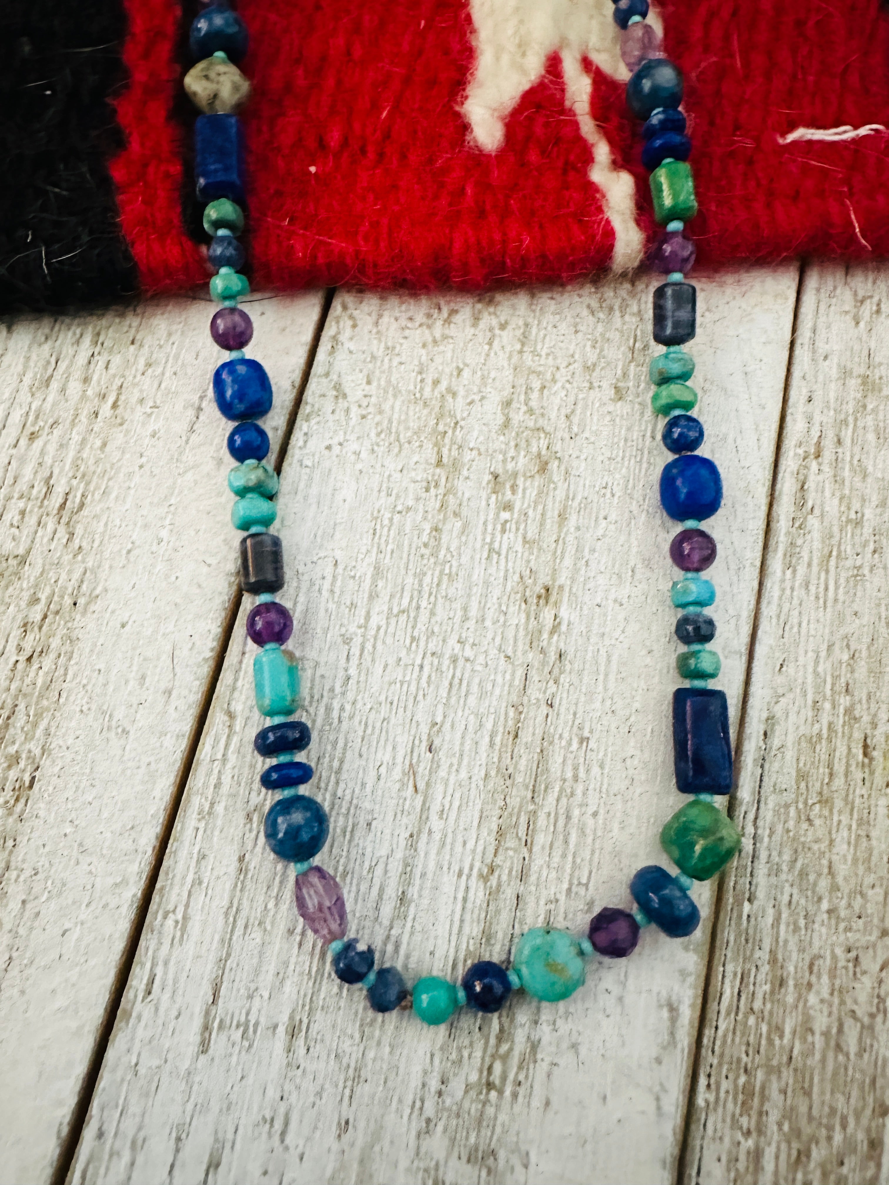 Handcrafted Multi Stone & Sterling Silver Pearl Beaded 17”Necklace w/ 3” extender