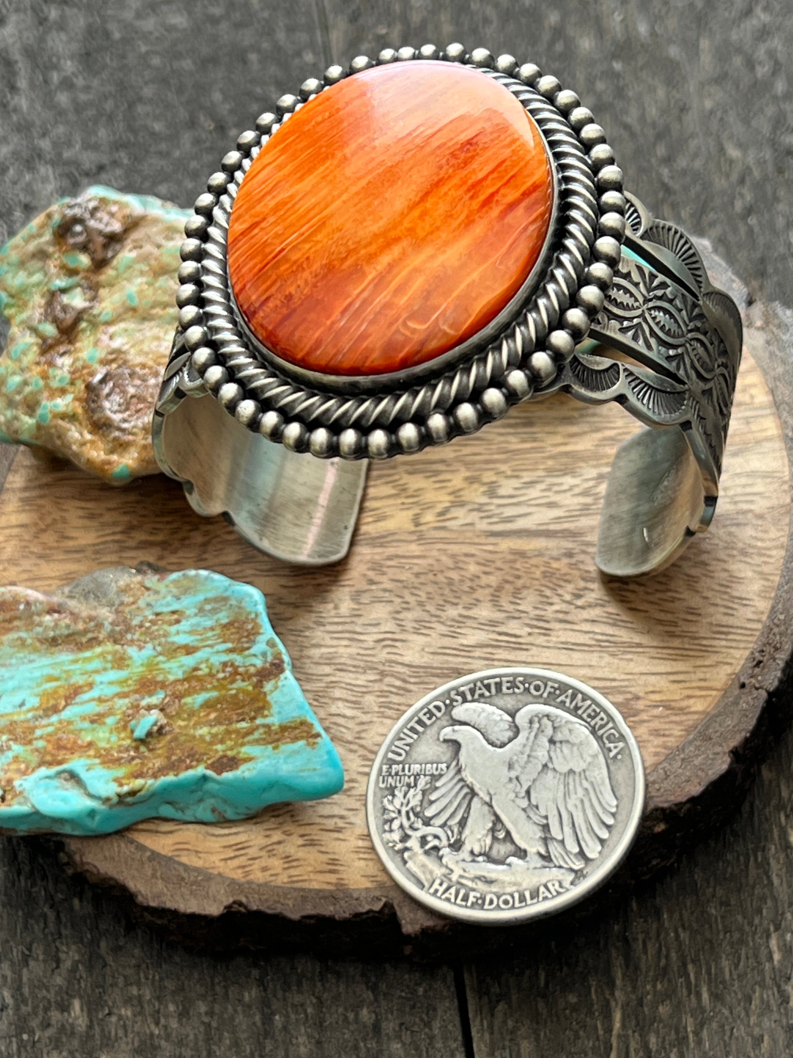 Handcrafted & Hand Stamped Sterling Silver Split Cuff Bracelet with Spiny Oyster Shell by Murphy Platero