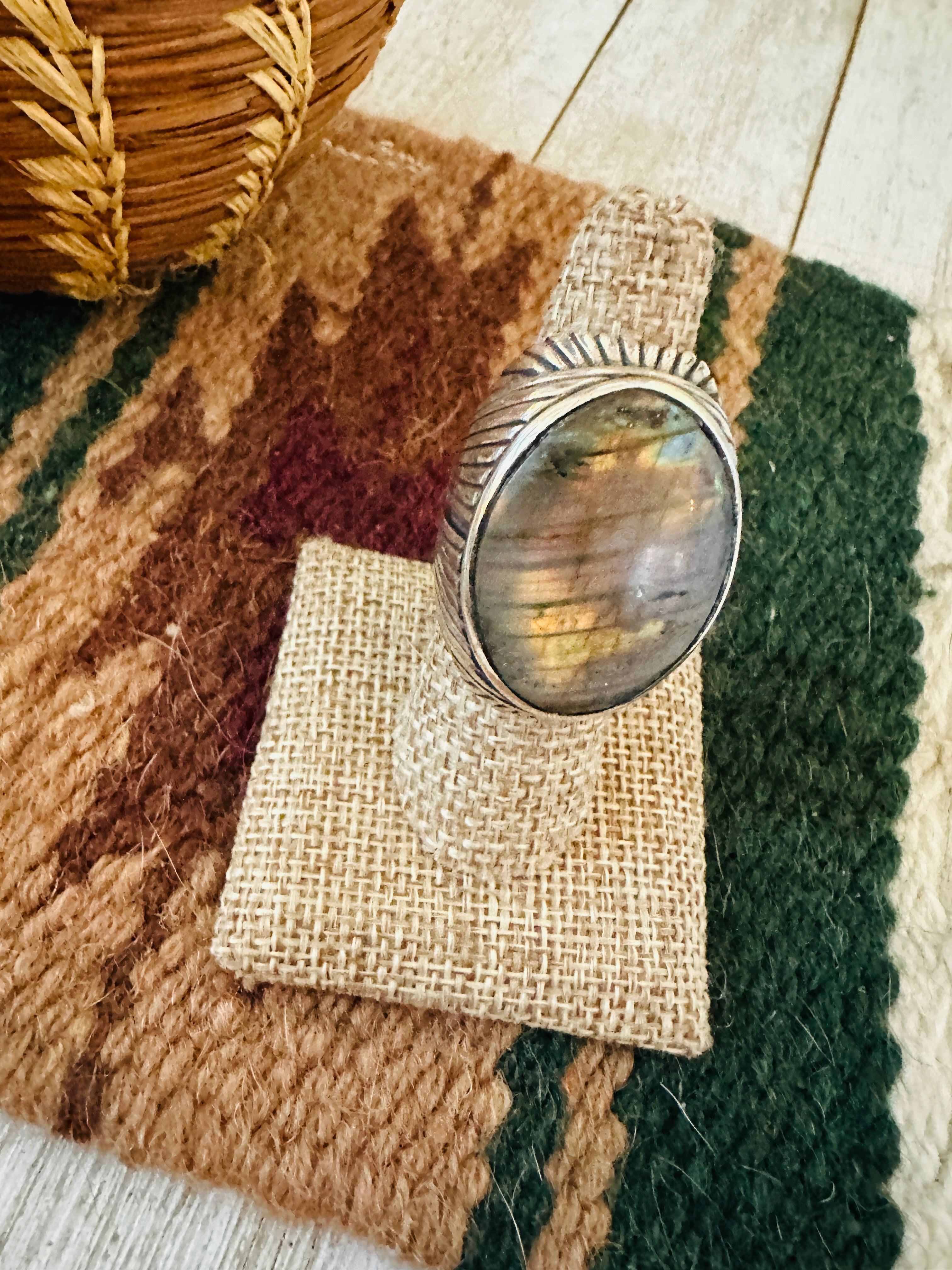 Handcrafted Old Pawn Sterling Silver & Labradorite Men’s Ring Size 7.5