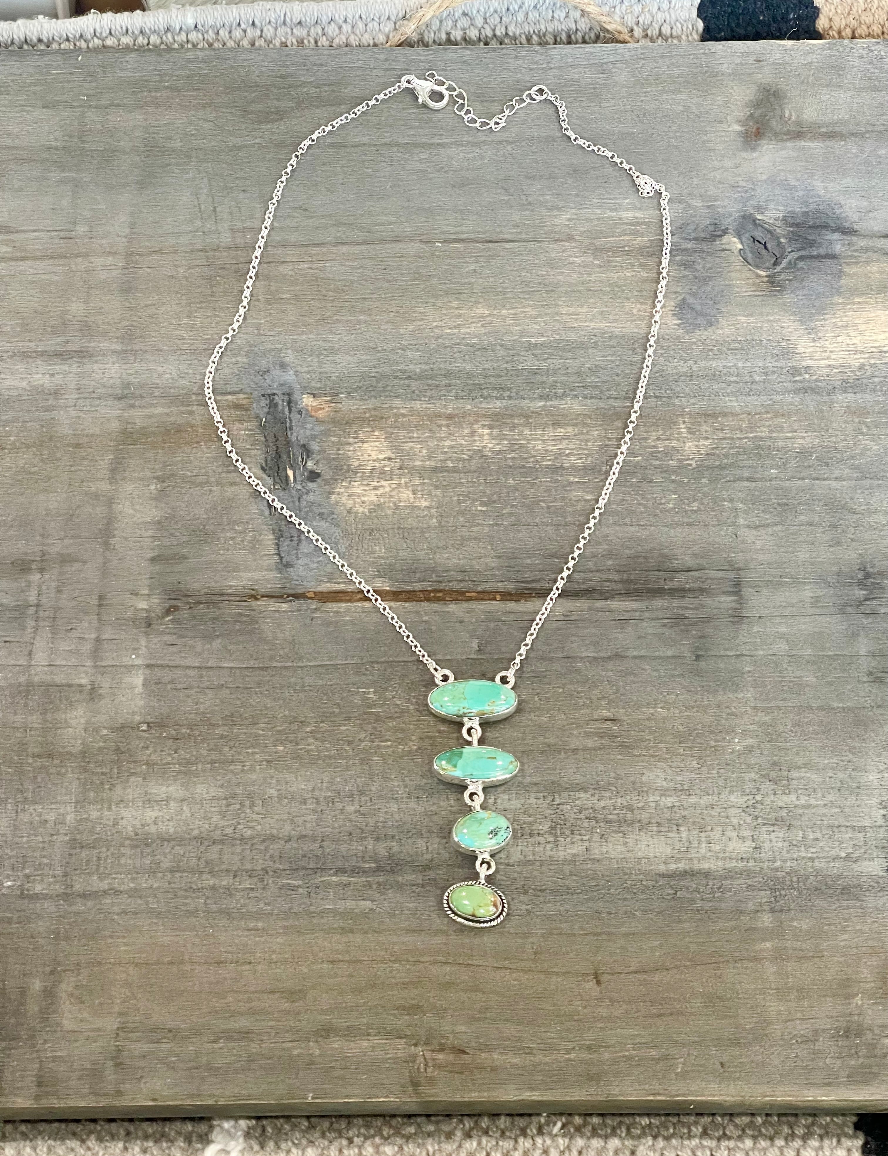 Handmade Sterling Silver & Royston Turquoise 4 Stone Drop Necklace Signed Nizhoni