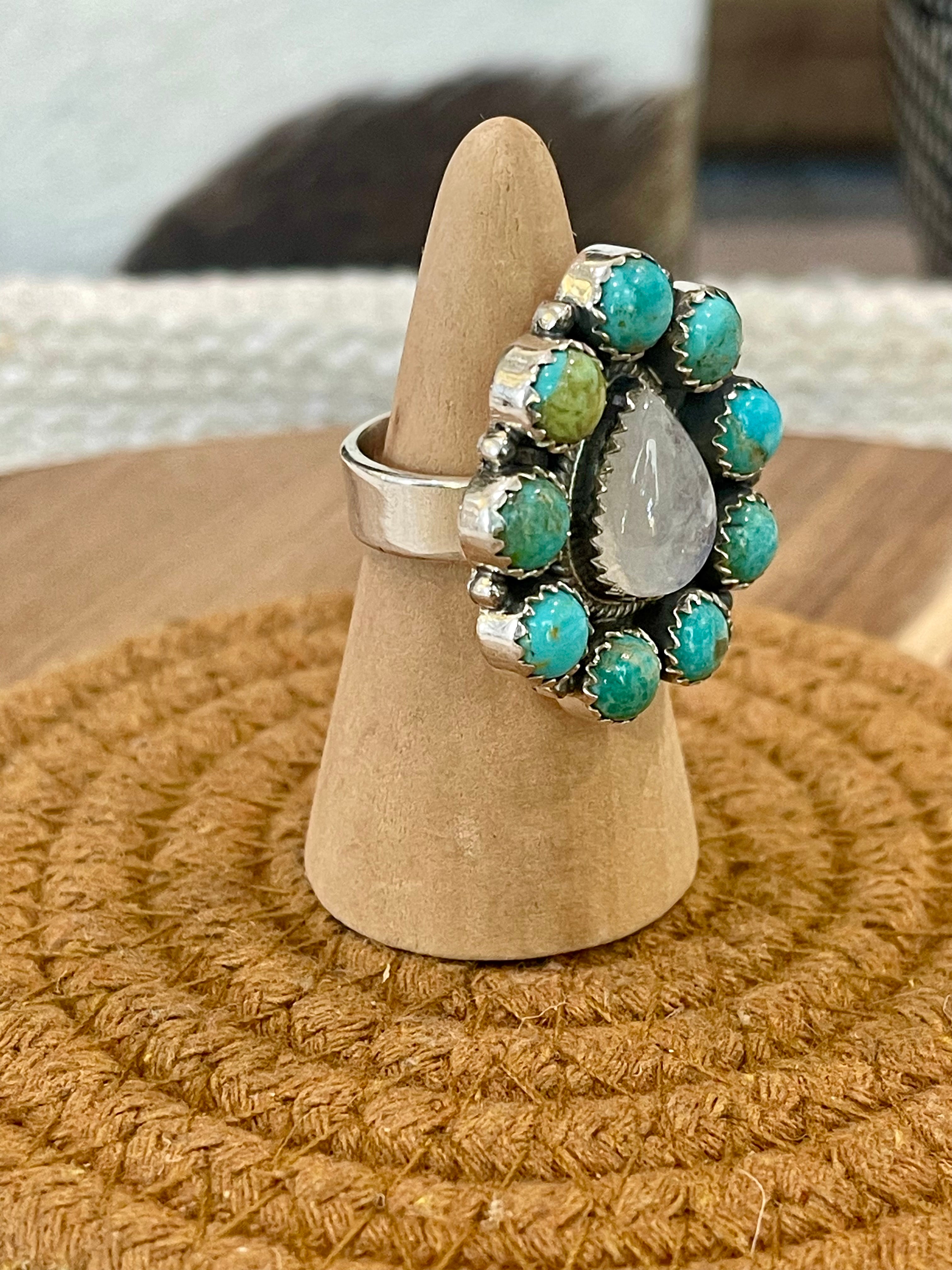 Handcrafted Sterling Silver, Moonstone & Kingman Turquoise Adjustable Ring