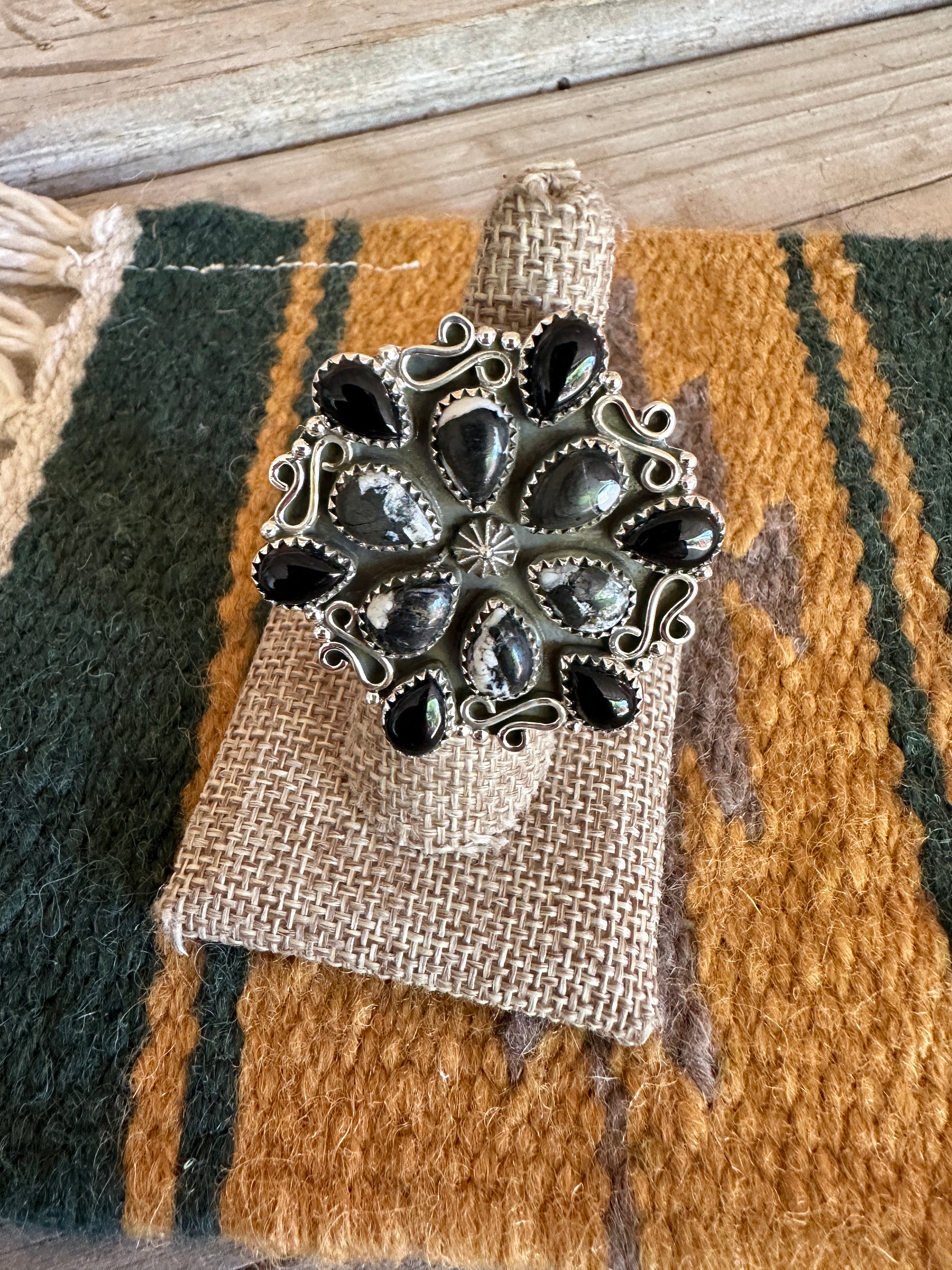 Beautiful Handmade White Buffalo, Onyx And Sterling Silver Adjustable Ring