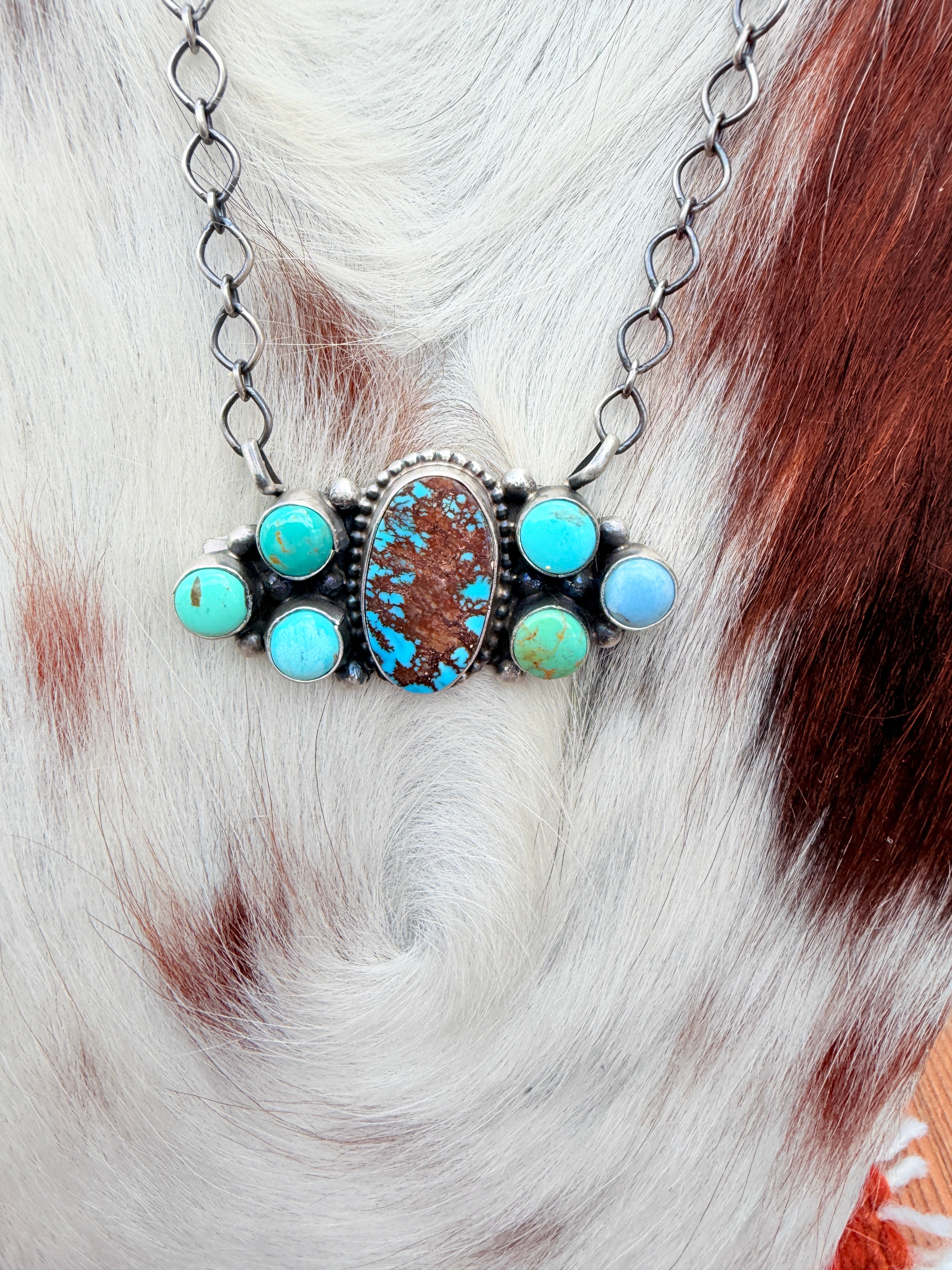 Handcrafted Turquoise & Sterling Silver Cluster Necklace by Travis Jim