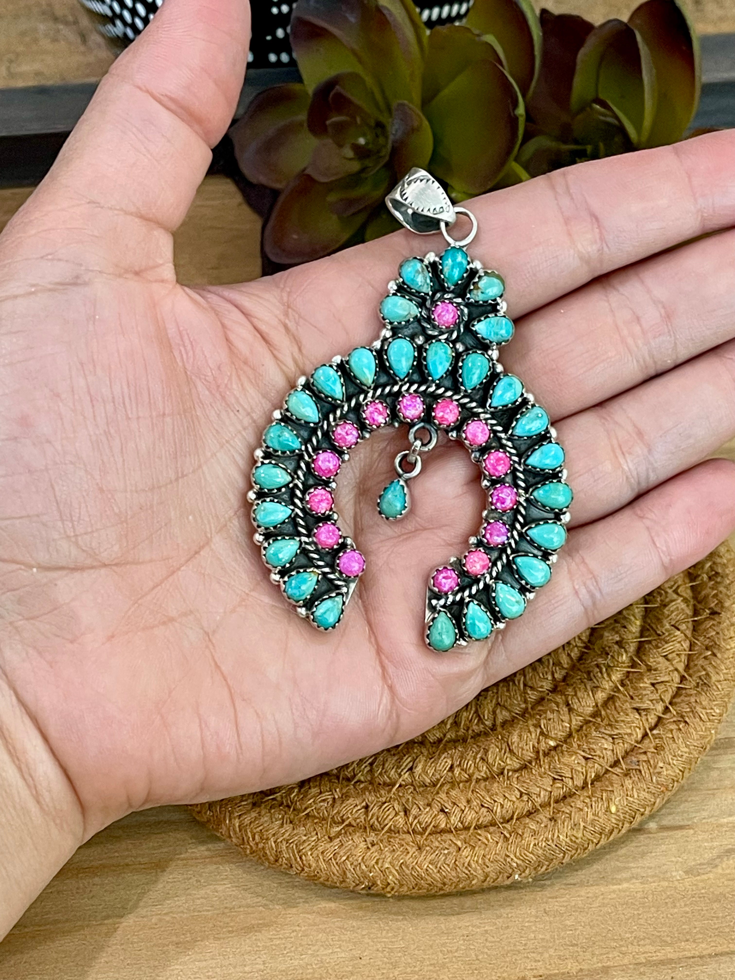 Handmade Sterling Silver , Turquoise & Pink Fire Opal Cluster Naja Pendant