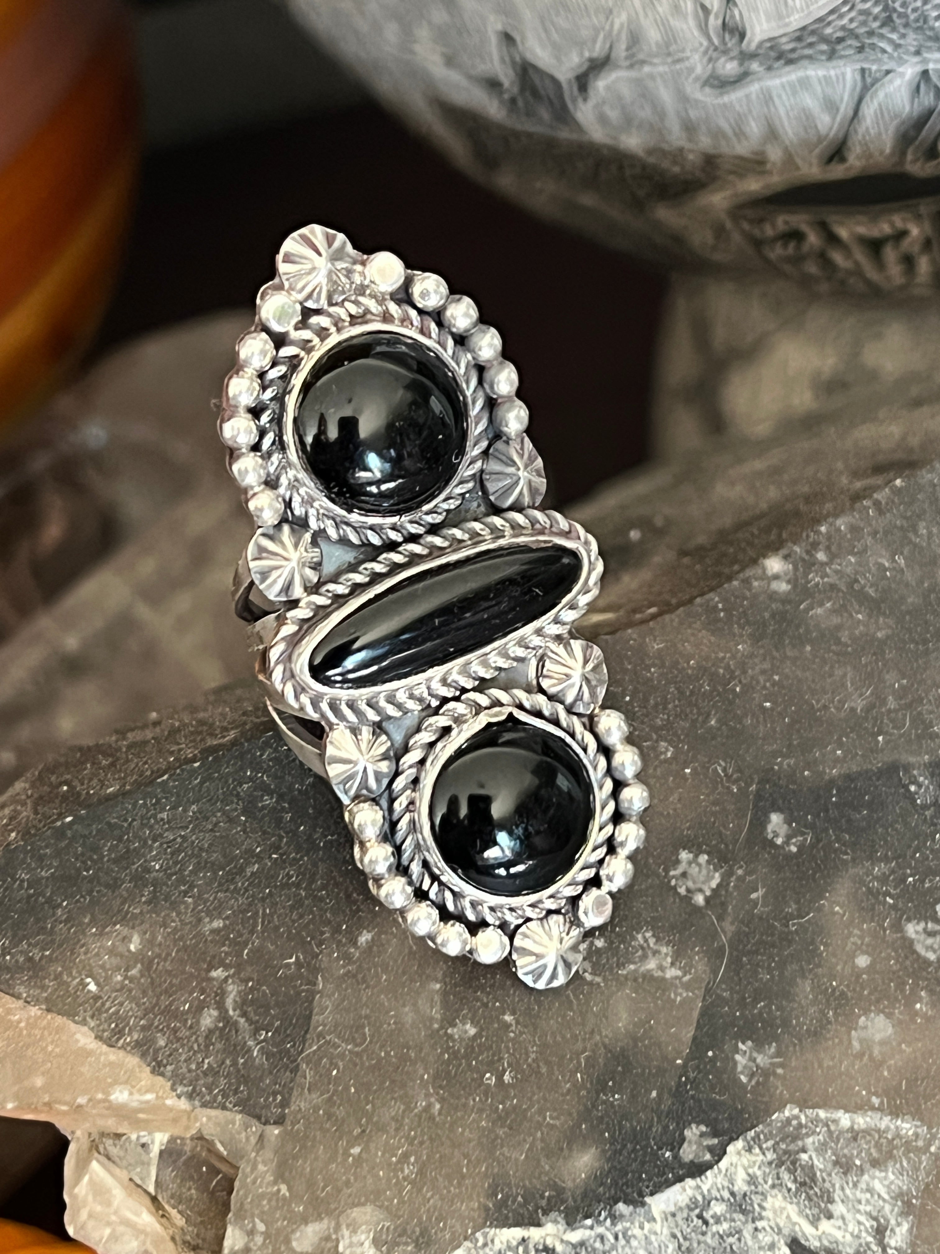 Handcrafted Sterling Silver and Black Onyx Ring by Rosella Paxson, Size 7-1/4