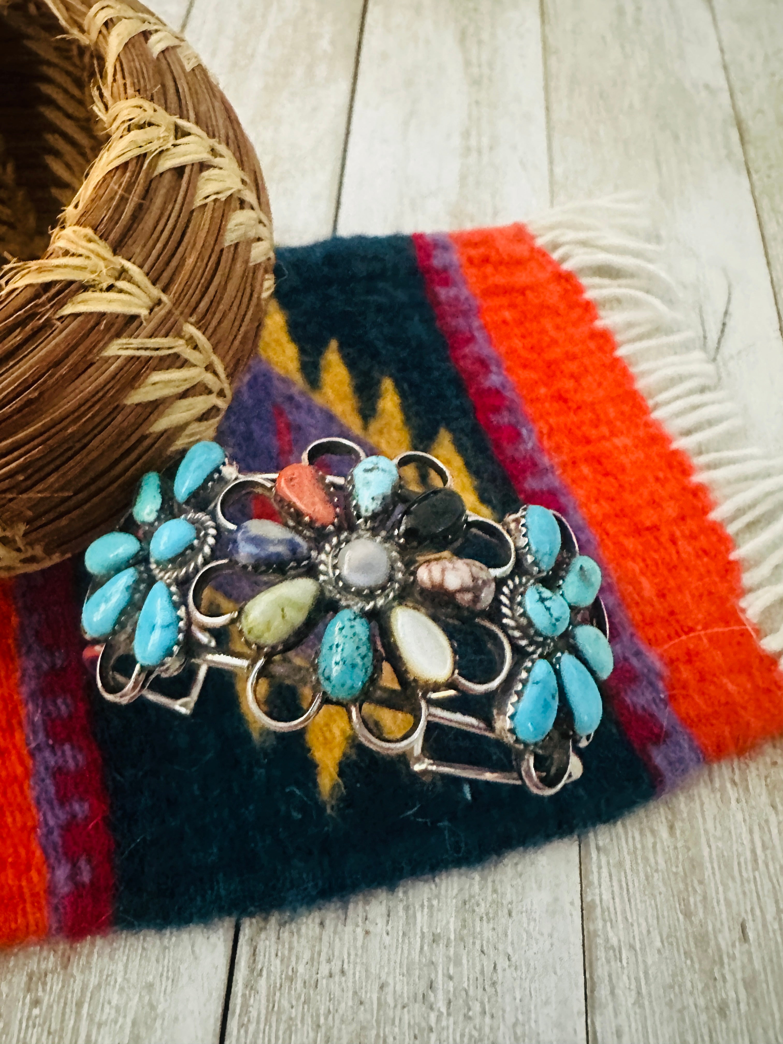 Handcrafted Multi Stone & Sterling Silver Flower Cuff Bracelet