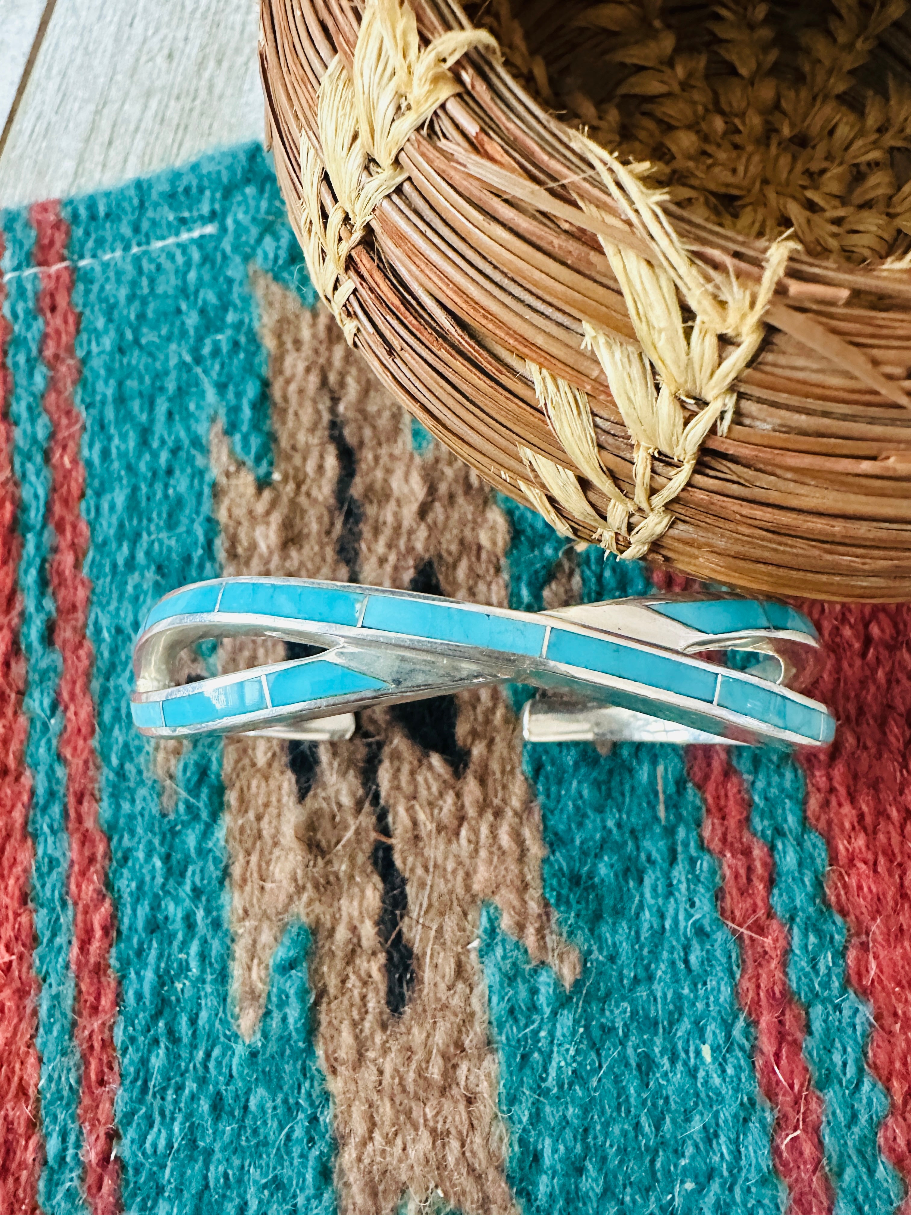 Handcrafted Turquoise & Sterling Silver Inlay Twist Cuff Bracelet /