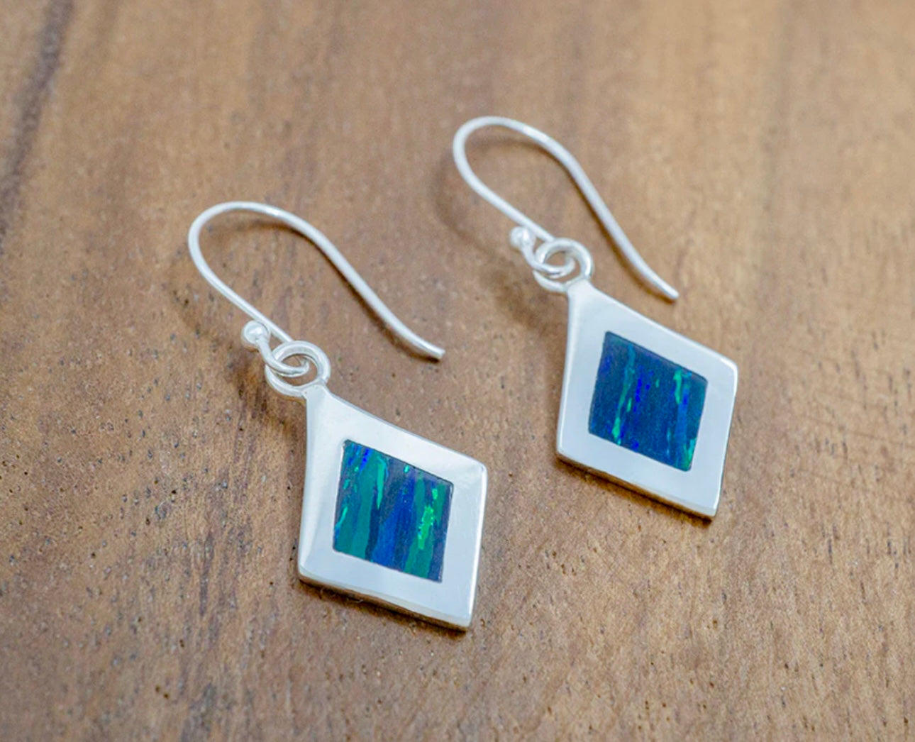 Emerald Green Opal Inlay Earrings on Hook