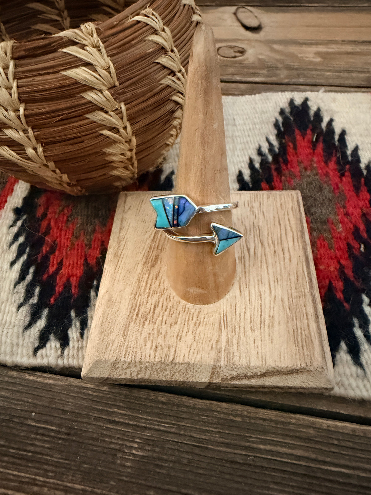Handcrafted Sterling Silver, Opal & Turquoise Inlay Adjustable Arrow Ring