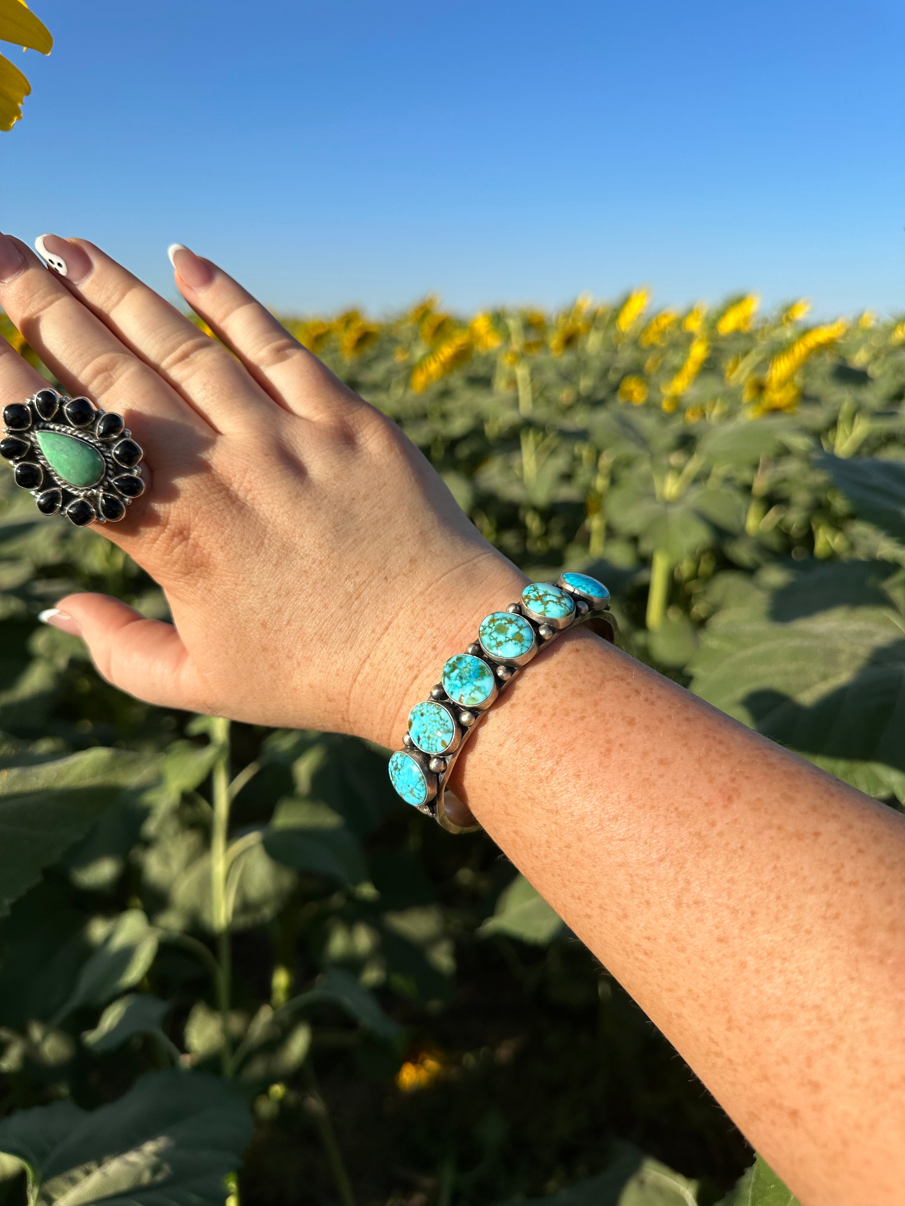 Handcrafted 6 Stone Turquoise & Sterling Silver Cuff Bracelet Signed S.Tso /