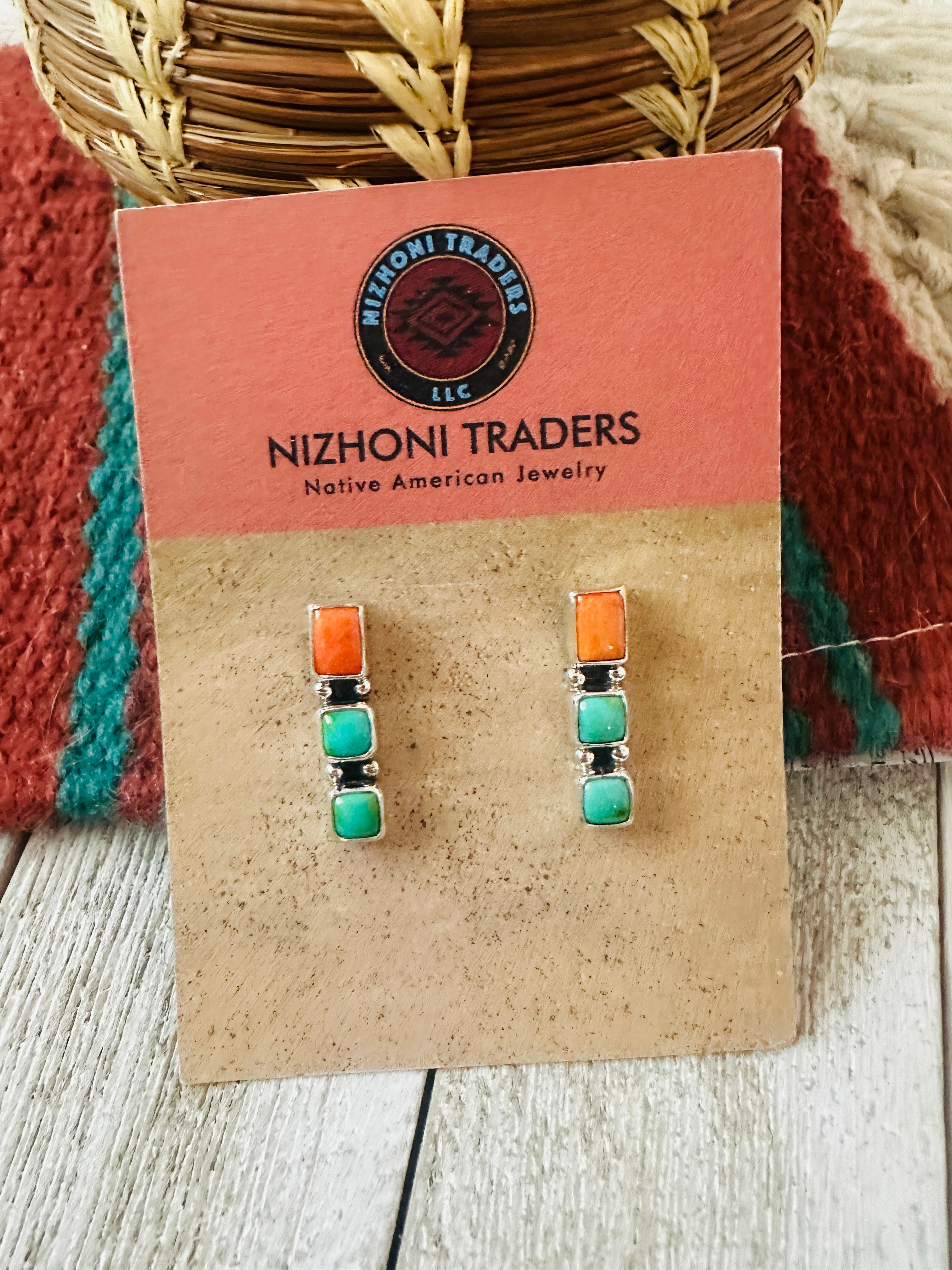 Handcrafted Sterling Silver, Spiny Oyster & Turquoise Post Earrings