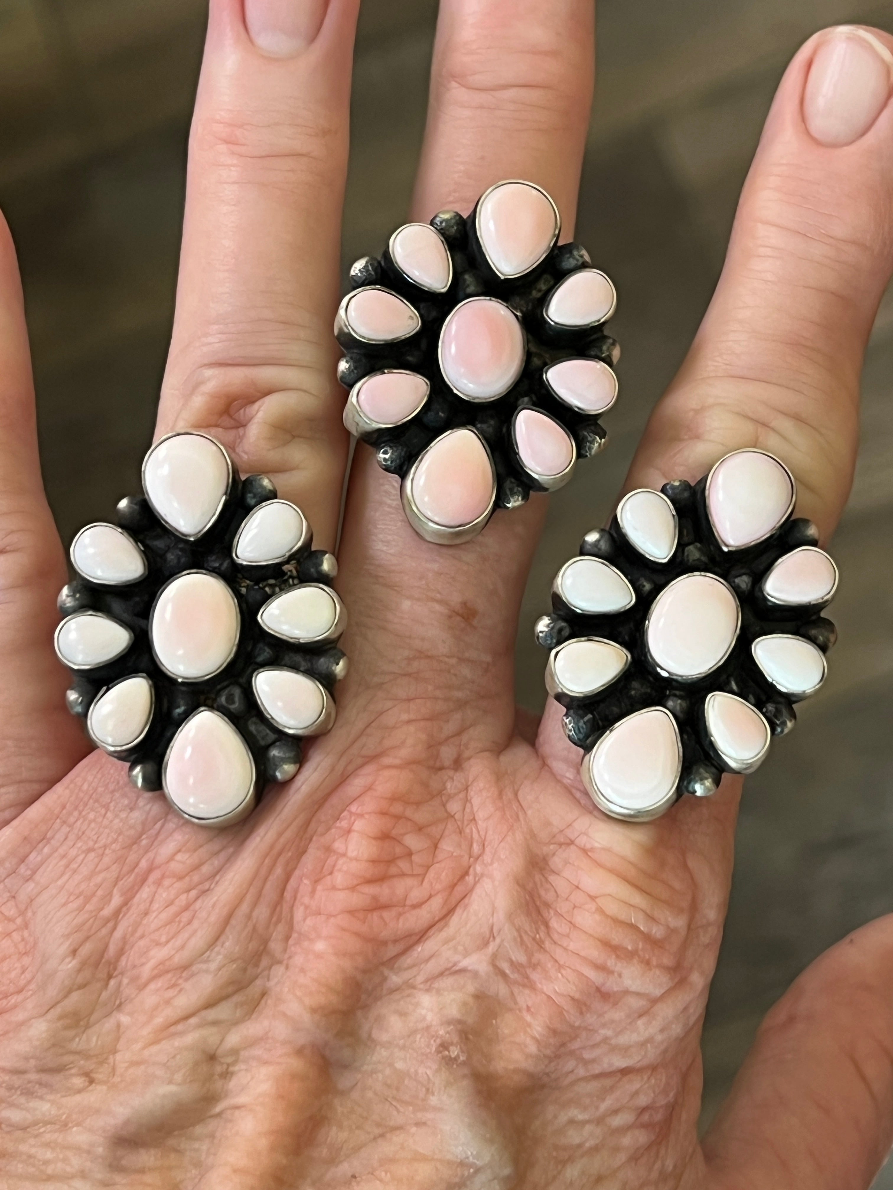 Handcrafted Sterling Silver and Queen Pink Conch Shell Cluster Ring by Travis Jim