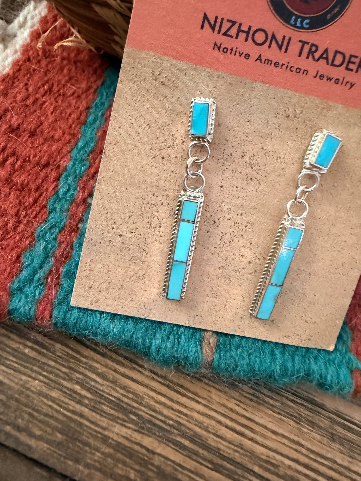 Handcrafted Turquoise & Sterling Silver Inlay Dangle Earrings