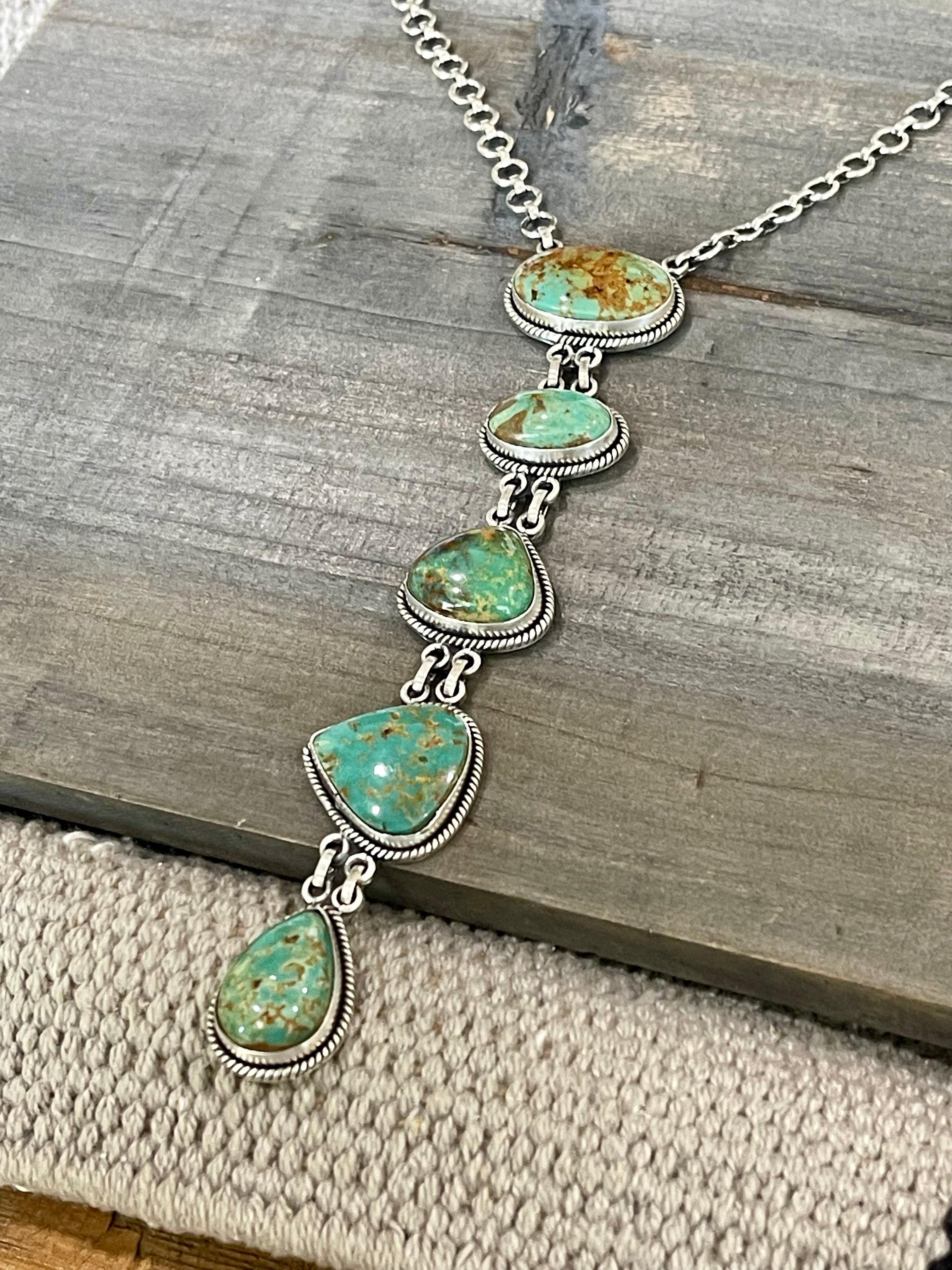 Handmade Sterling Silver & Royston Turquoise 5 Stone Drop Necklace Signed Nizhoni