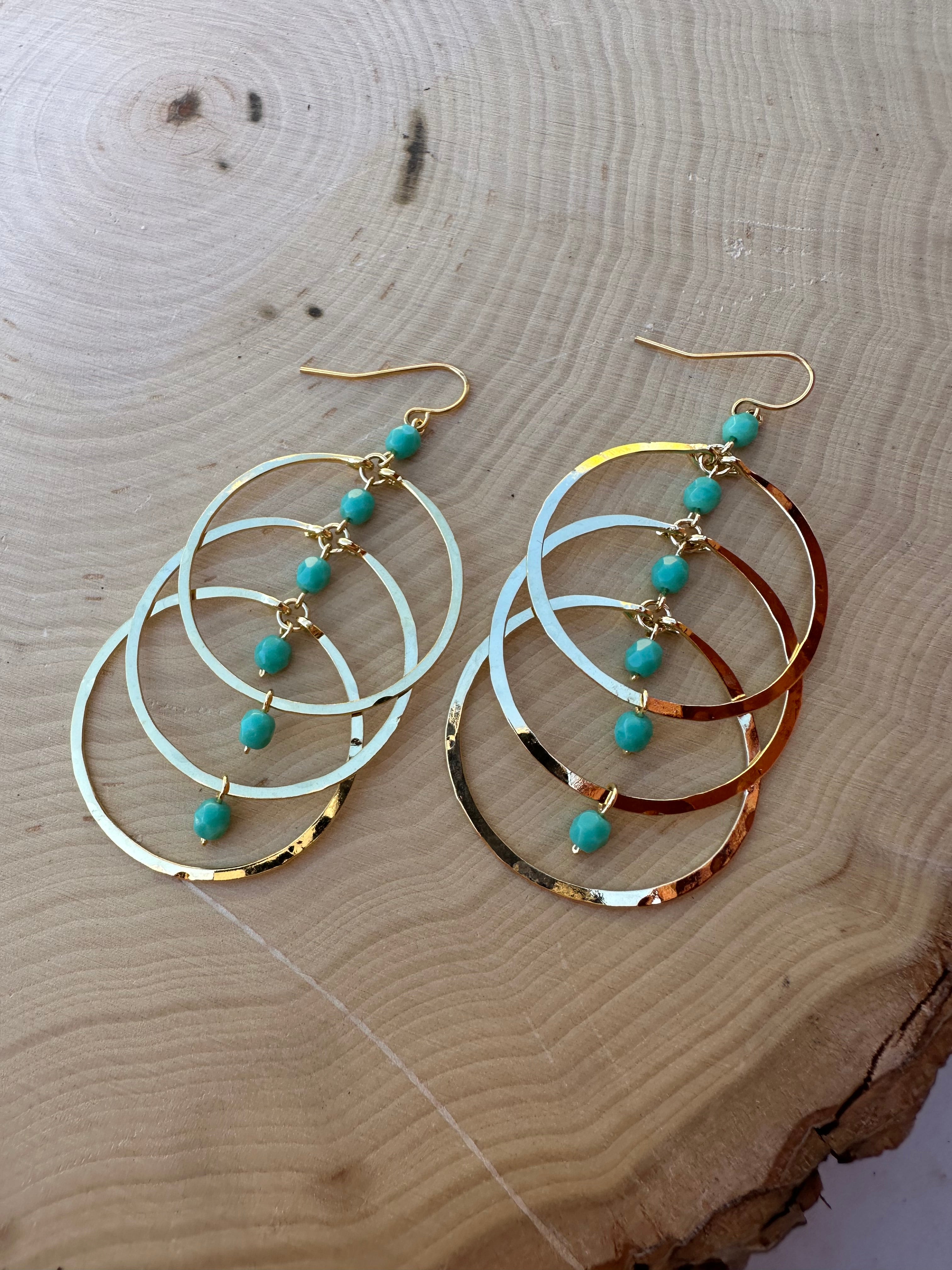 “The Golden Collection” Groovy Hoops Handmade Turquoise Beaded & 14k Gold Plated Earrings