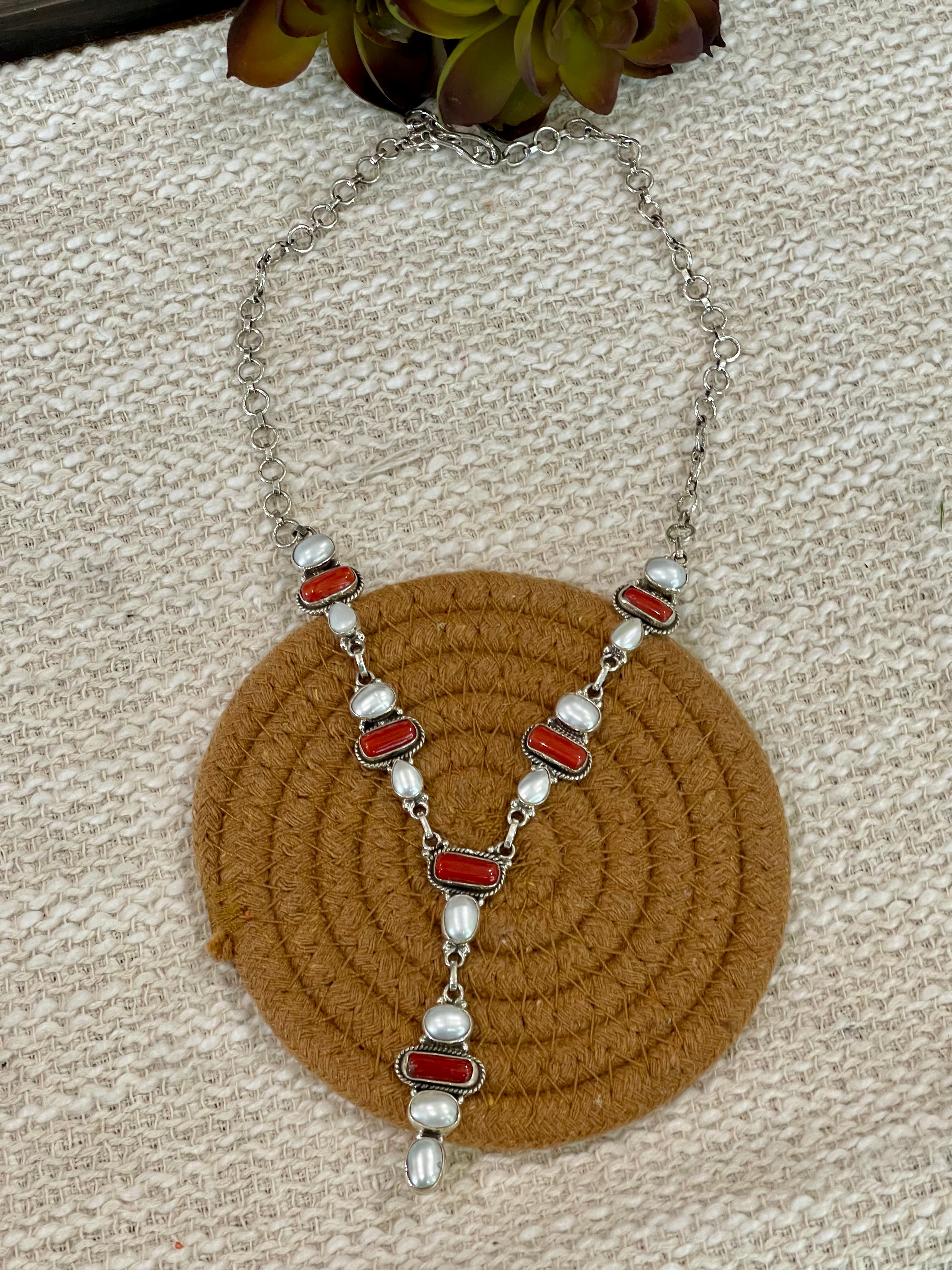 ** 4TH OF JULY ** Handmade Sterling , Silver Synthetic Opal & Coral Necklace with Signed Nizhoni