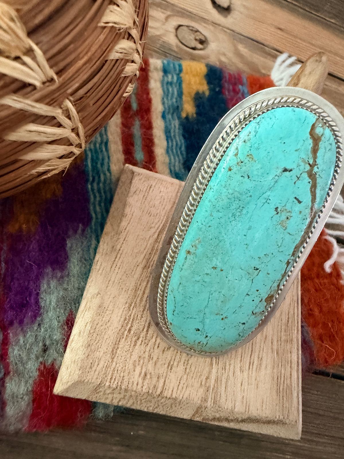 Old Pawn Handcrafted Turquoise & Sterling Silver Ring Size 9.5 by Earl Lee