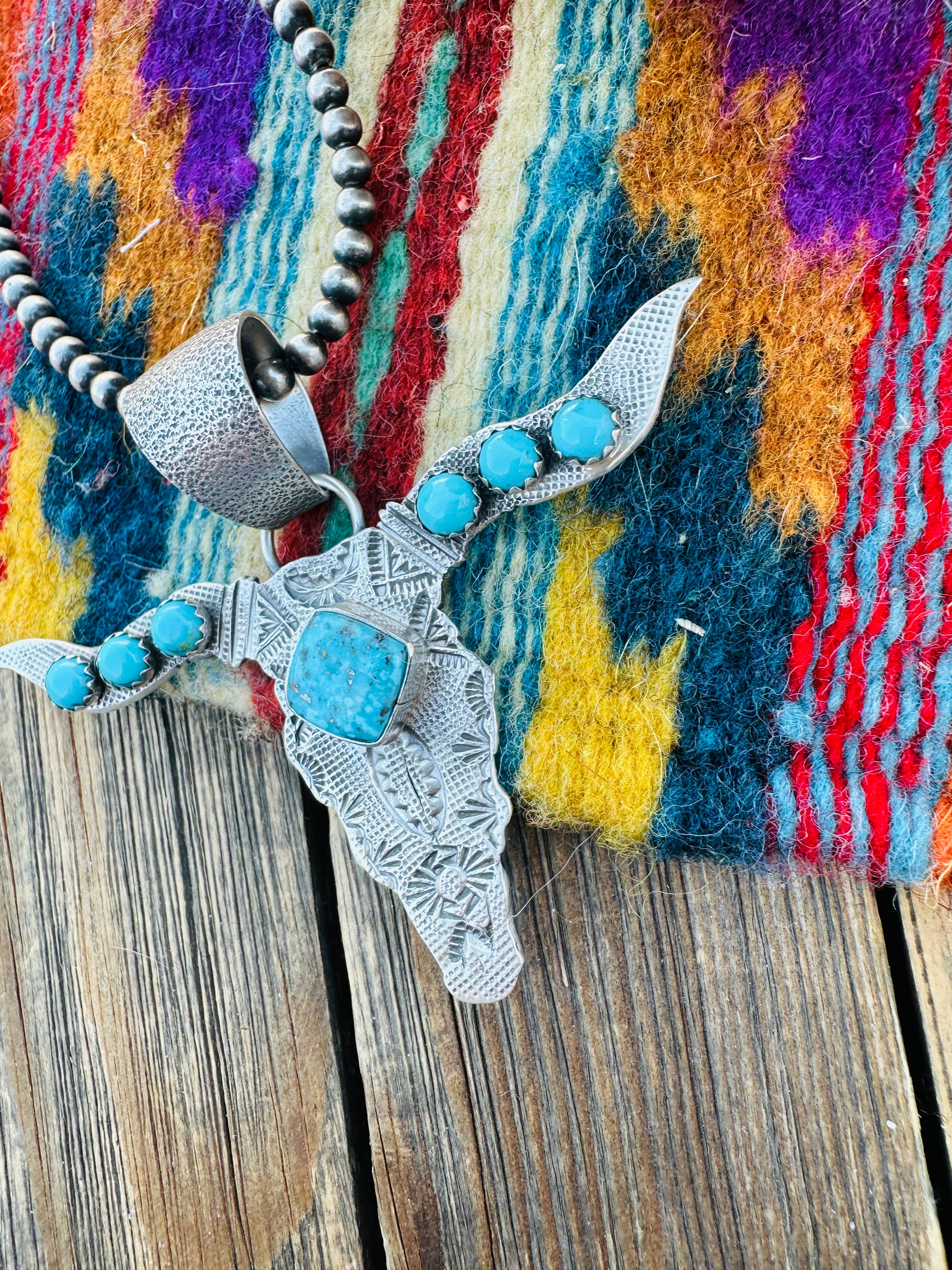 Handcrafted Sterling Silver & Turquoise Bullhead Pendant by Leroy James