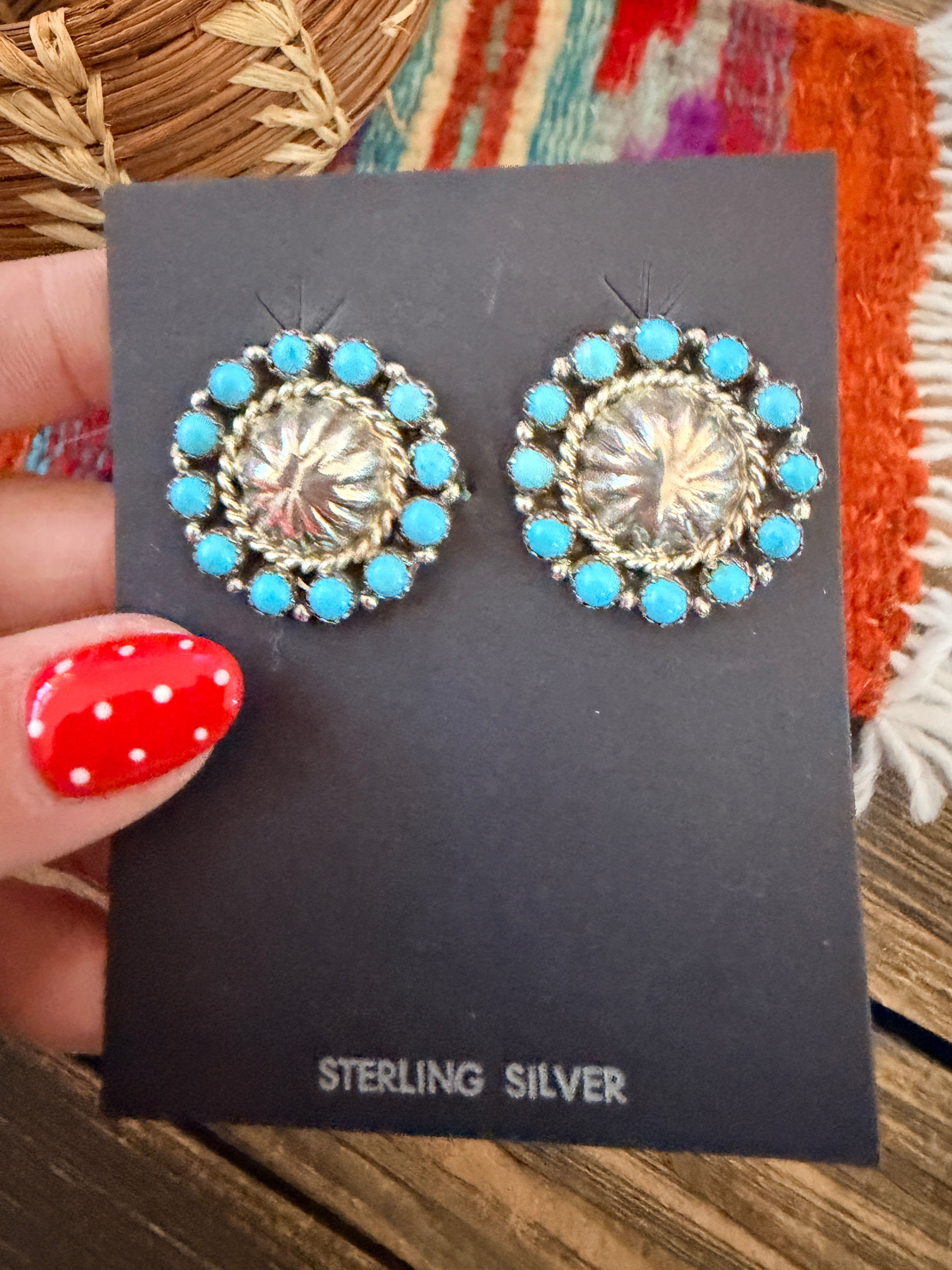 Handcrafted Old Pawn Sterling Silver & Turquoise Cluster Post Earrings