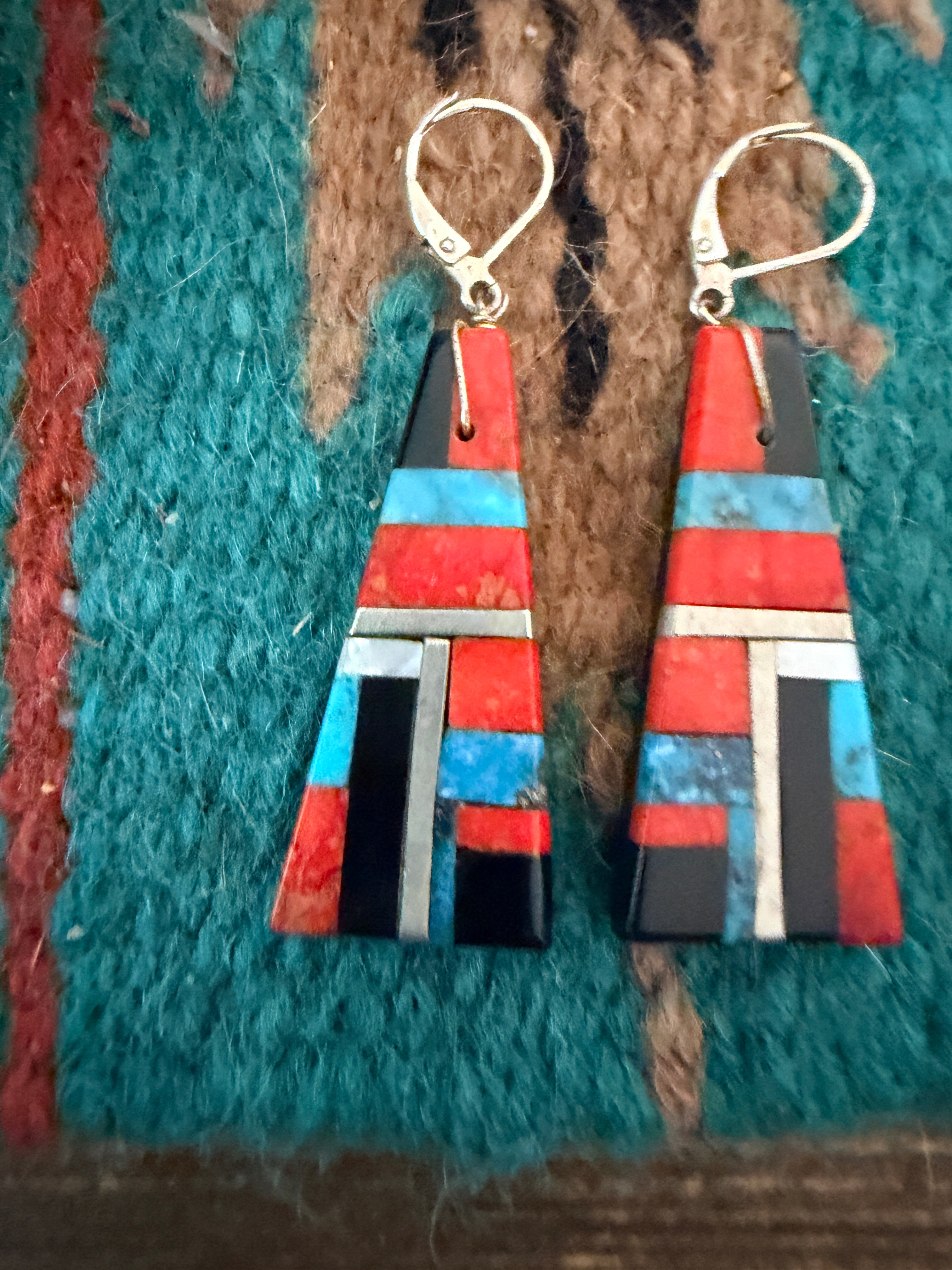 Old Pawn Handcrafted Multi Stone Inlay Dangle Earrings
