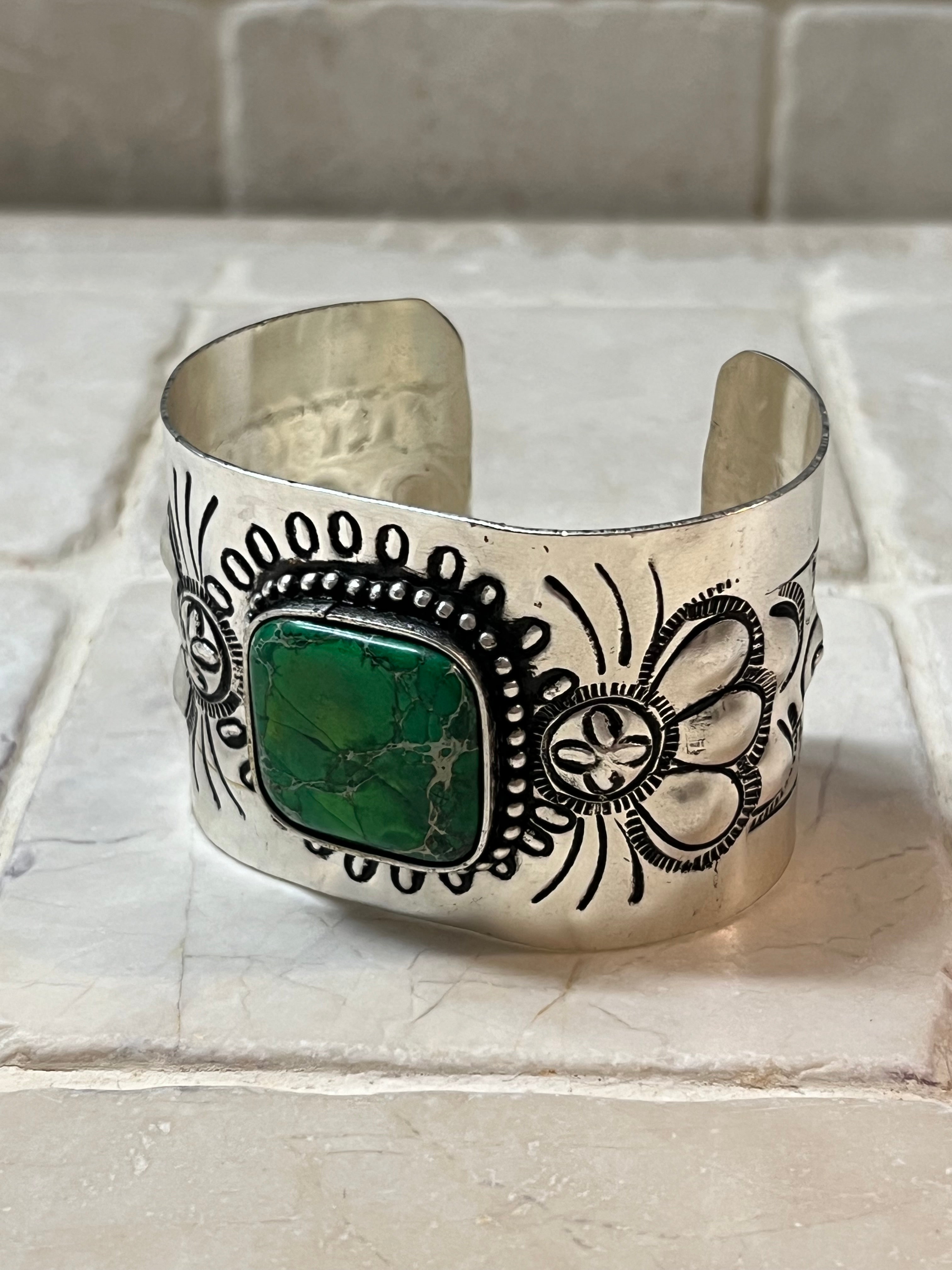 Engraved Silver Plated Cuff Bracelet with Green Stone