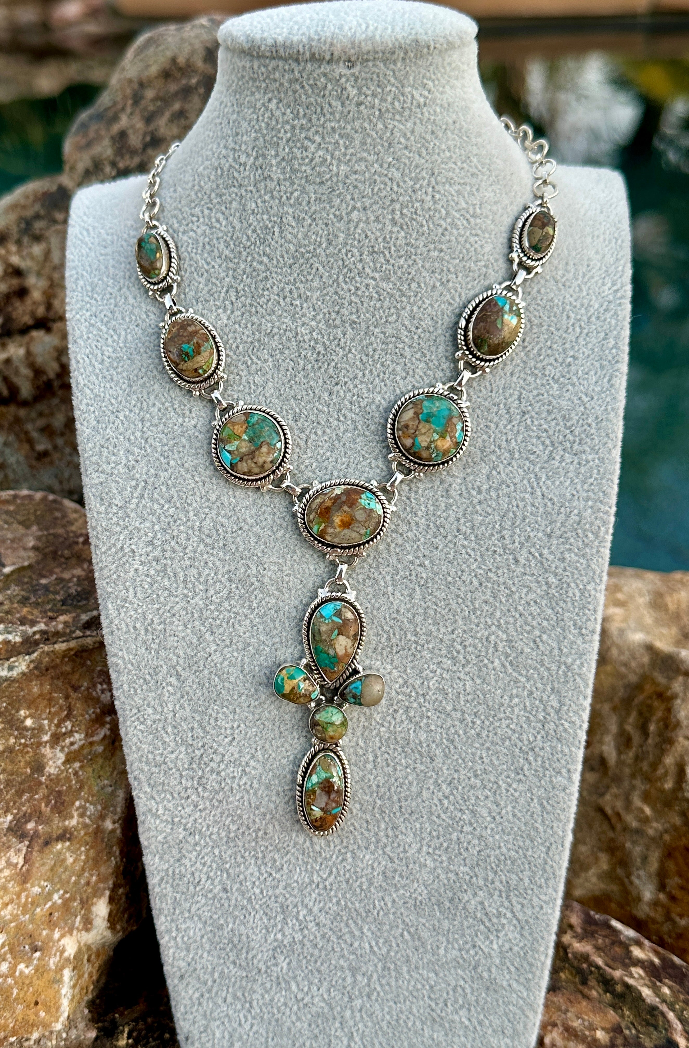 Handmade Royston Ribbon Cross Turquoise & Sterling Silver Lariat Necklace