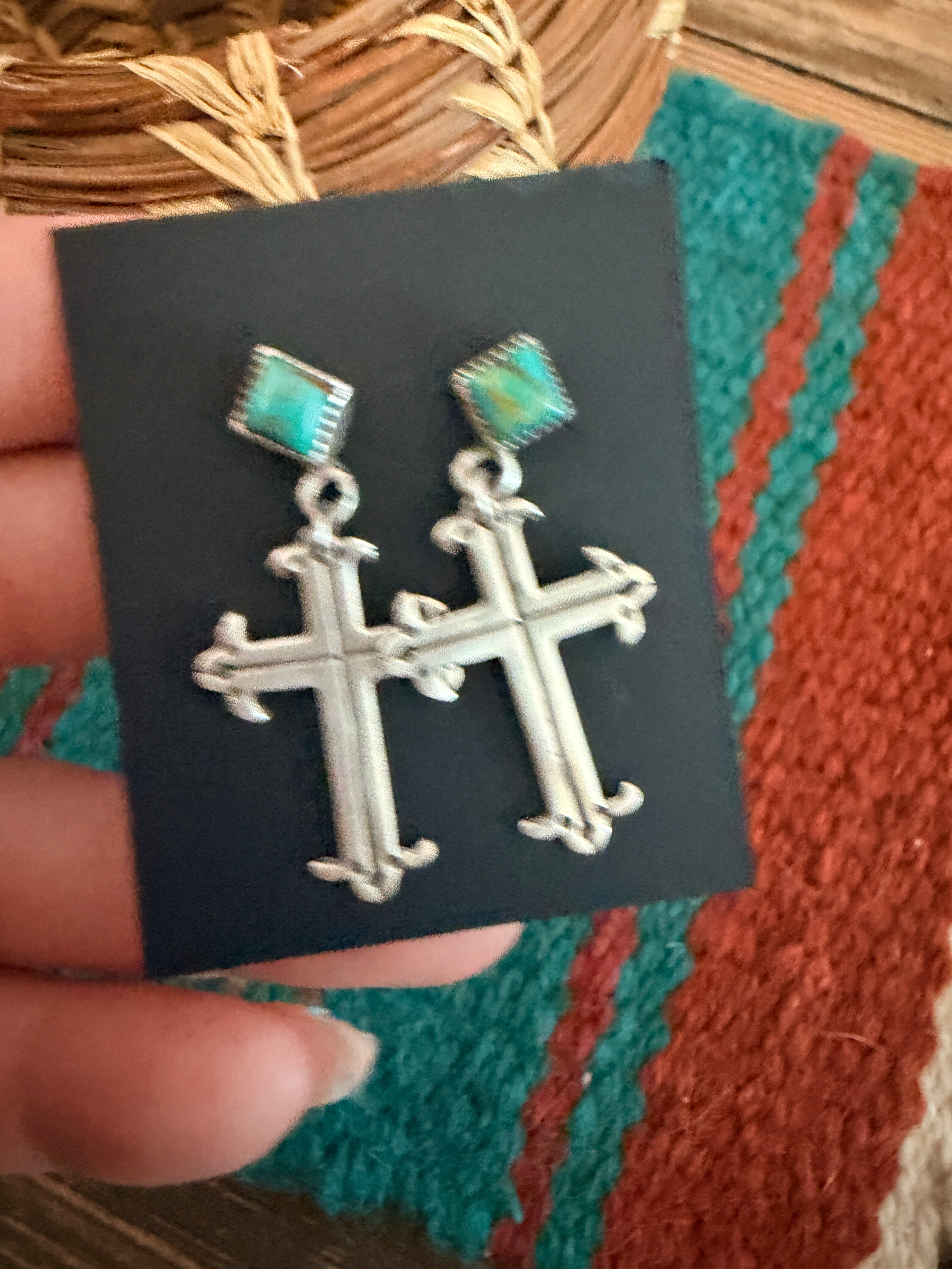 Handcrafted Turquoise & Sterling Silver Cross Dangle Earrings