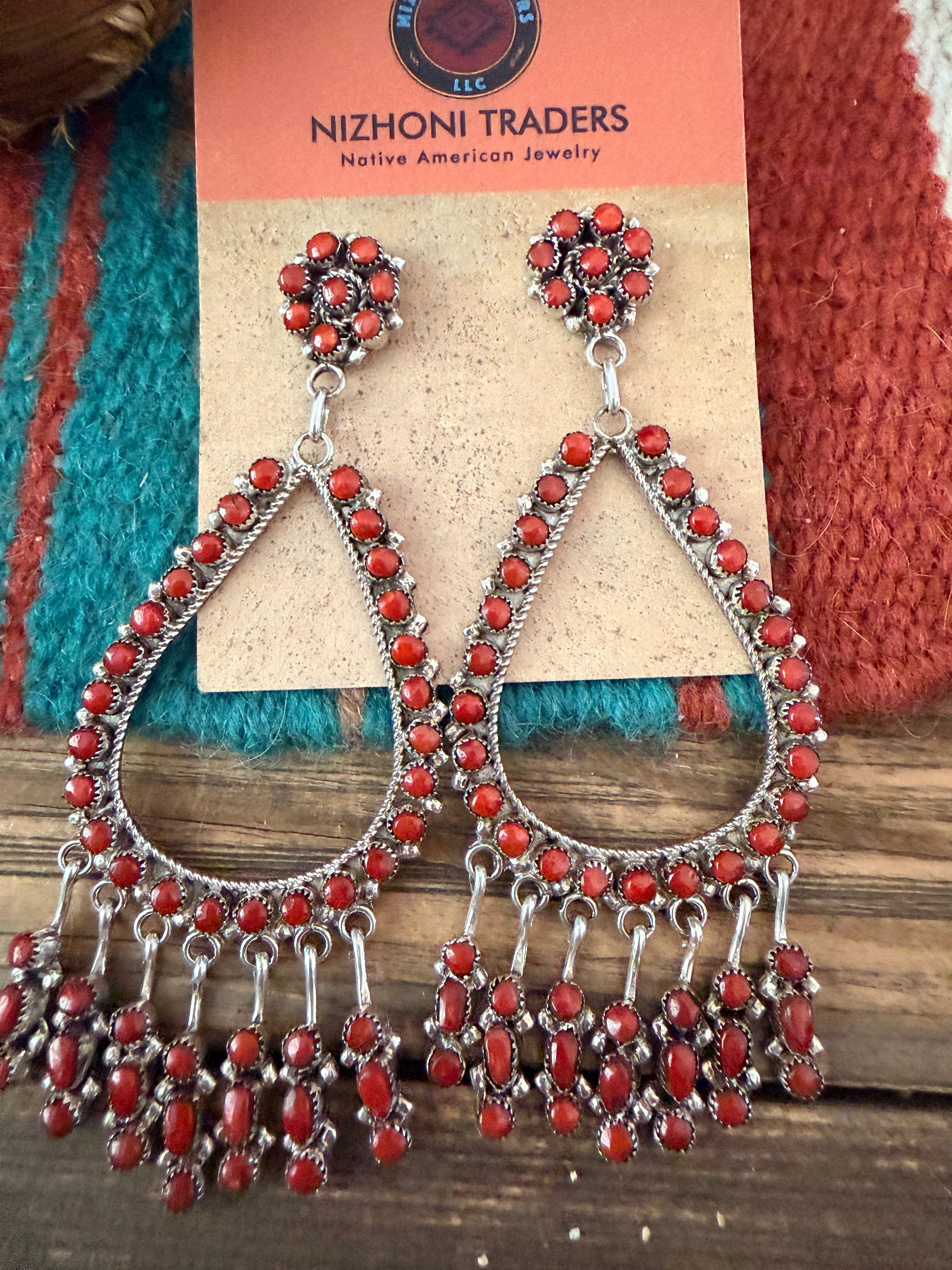 Handcrafted Coral & Sterling Silver Chandelier Dangle Earrings
