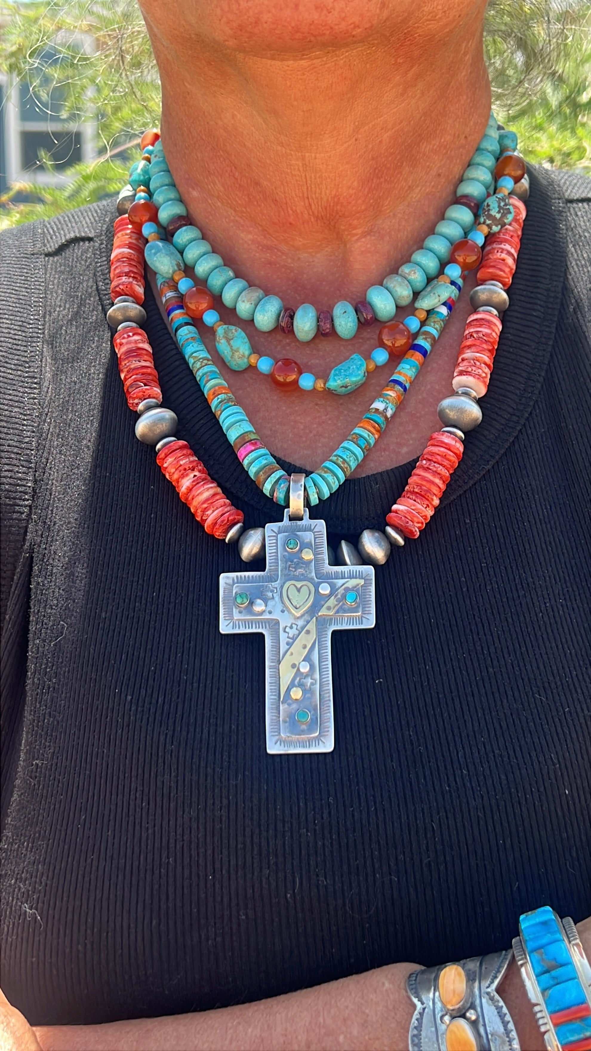 Hand Stamped Sterling Silver & Turquoise Cross Pendant w/ Brass Accents by Kimari Somers