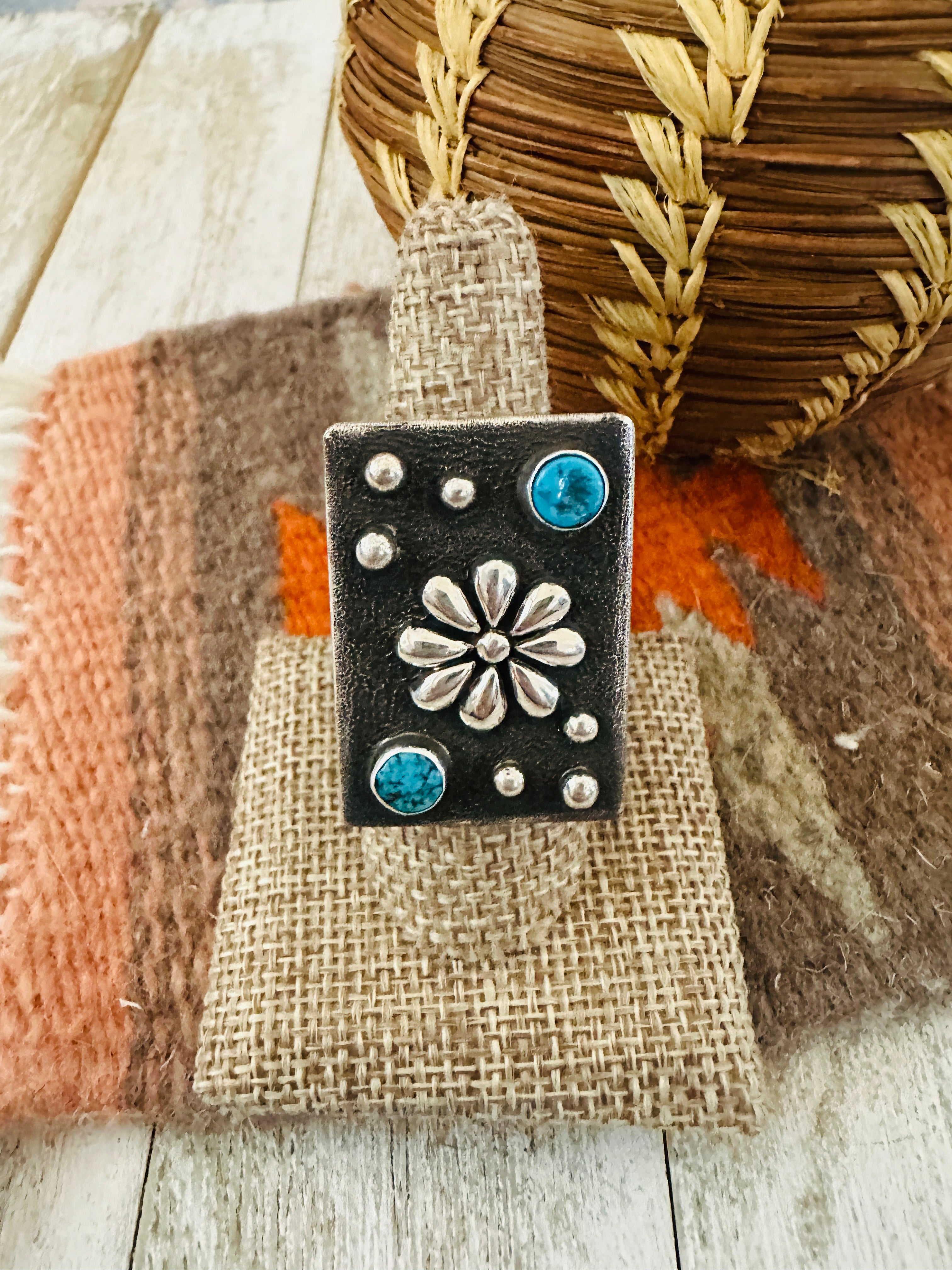 Handcrafted Sterling Silver & Studded Flower Turquoise Ring Size 8