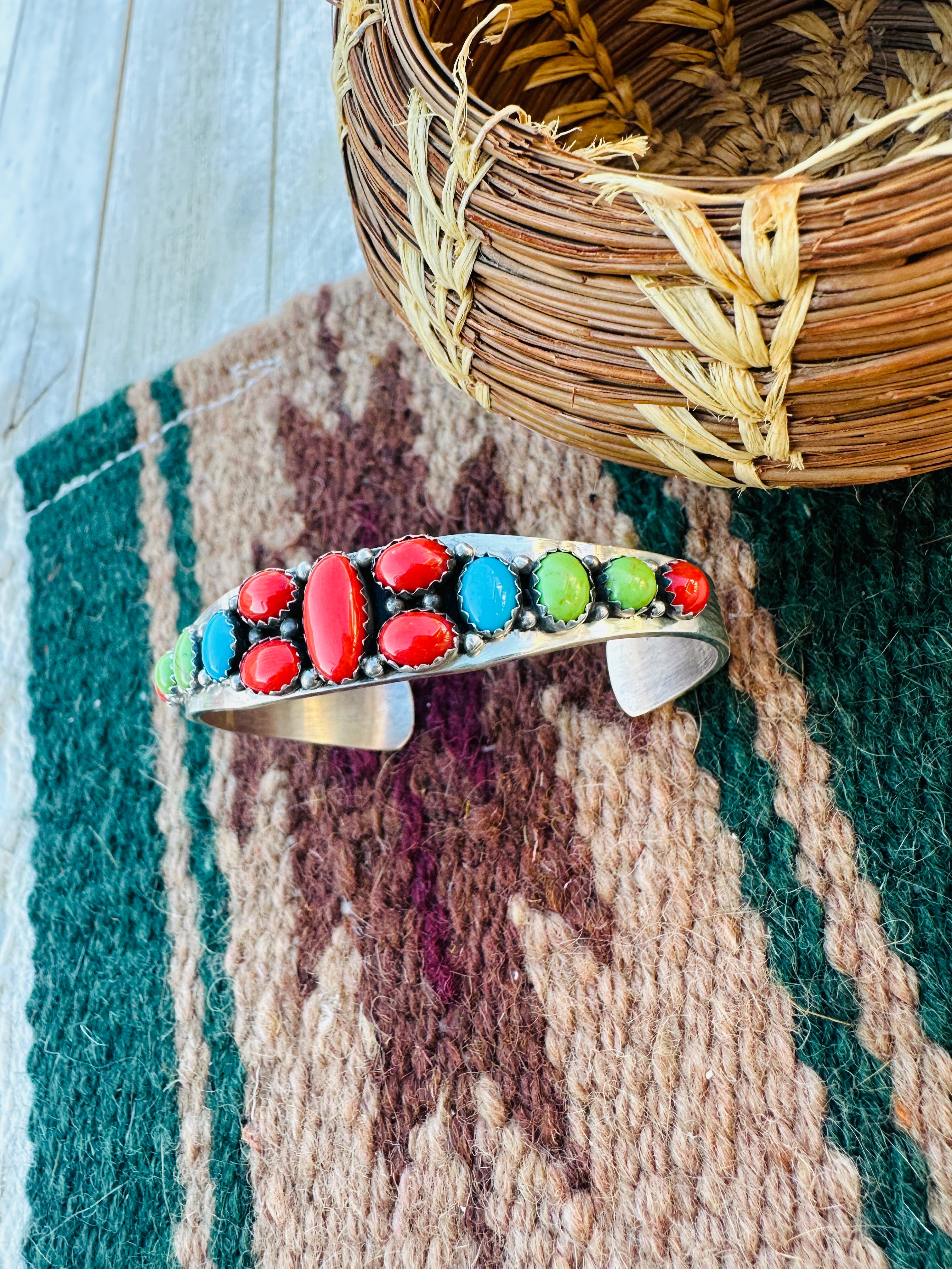 Handcrafted Old Pawn Sterling Silver & Multi Stone Cuff Bracelet by Daniel Mike