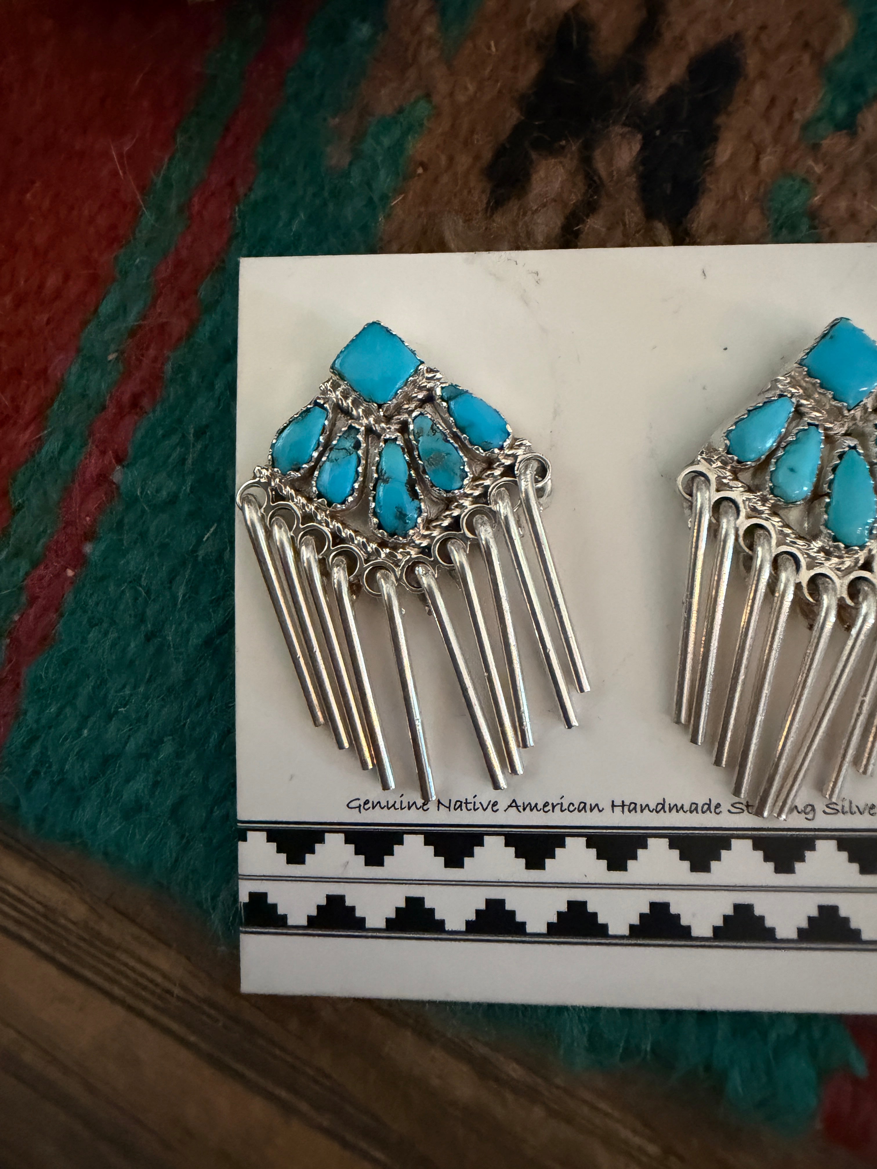 Handcrafted Turquoise and Sterling Silver Cluster Tassel Dangle Earrings