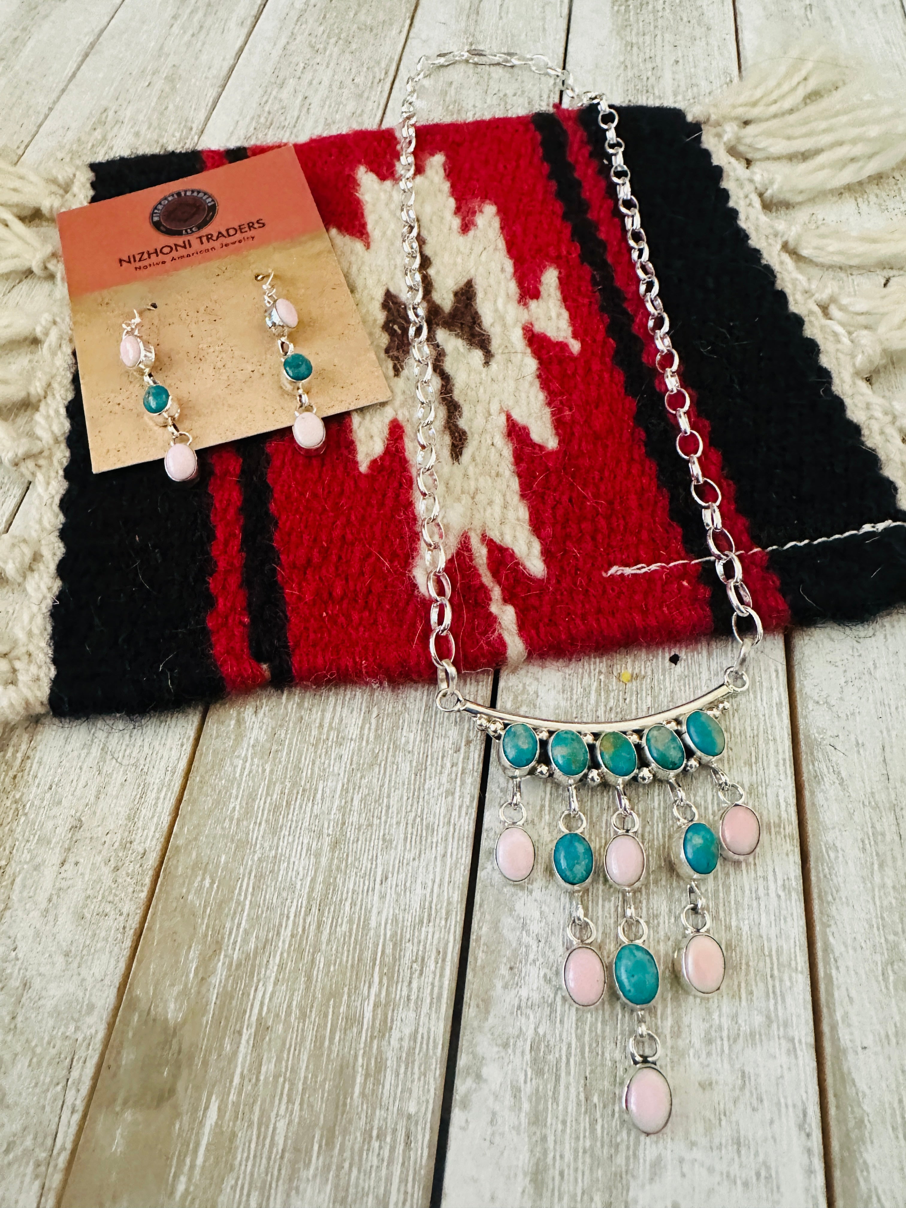 Handcrafted Turquoise, Queen Pink Conch & Sterling Silver Chandelier Necklace Set