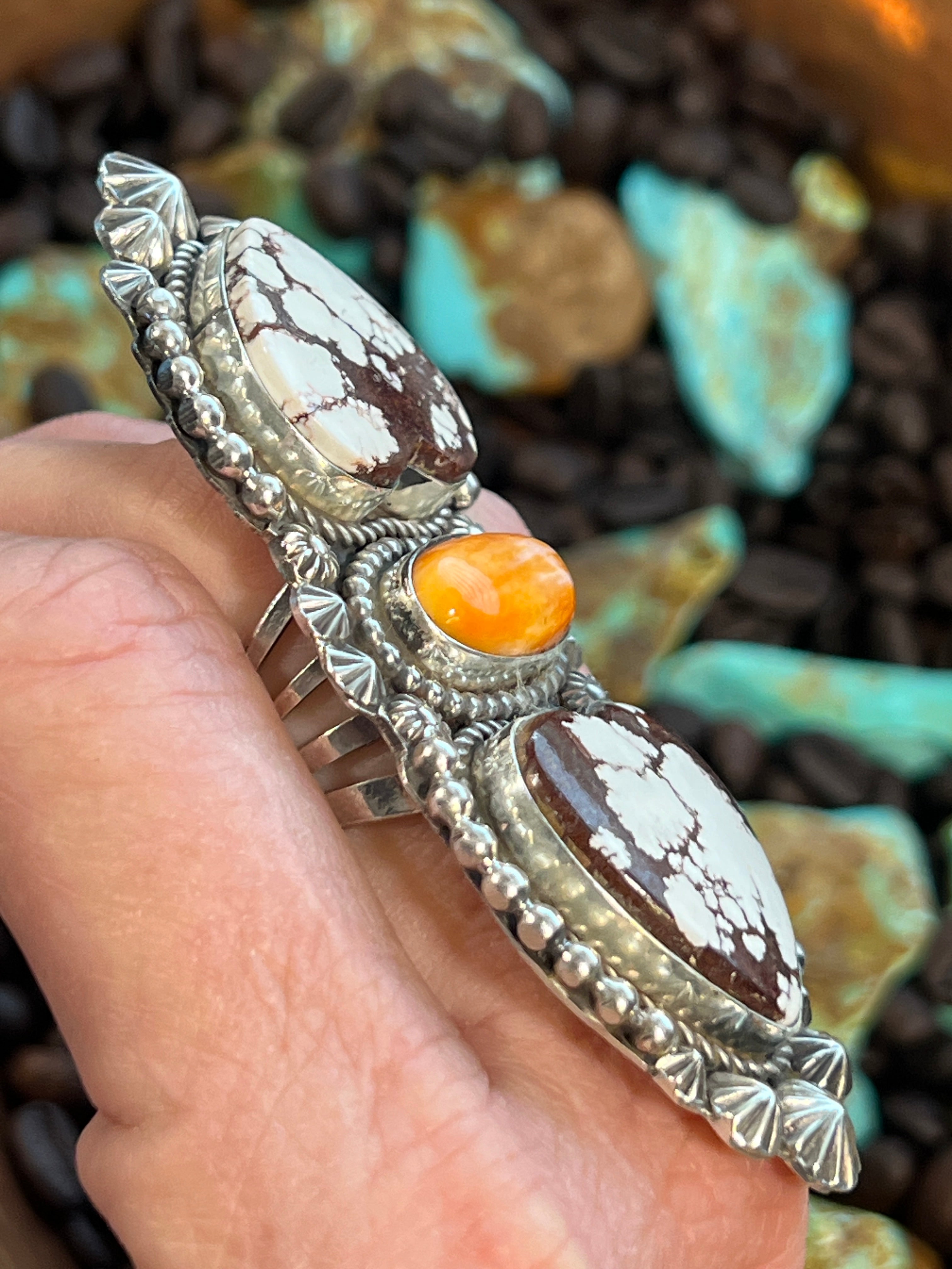 Apache Sterling Silver, Wild Horse Heart and Spiny Oyster Shell Statement Ring by Rosella Paxson, Size 9