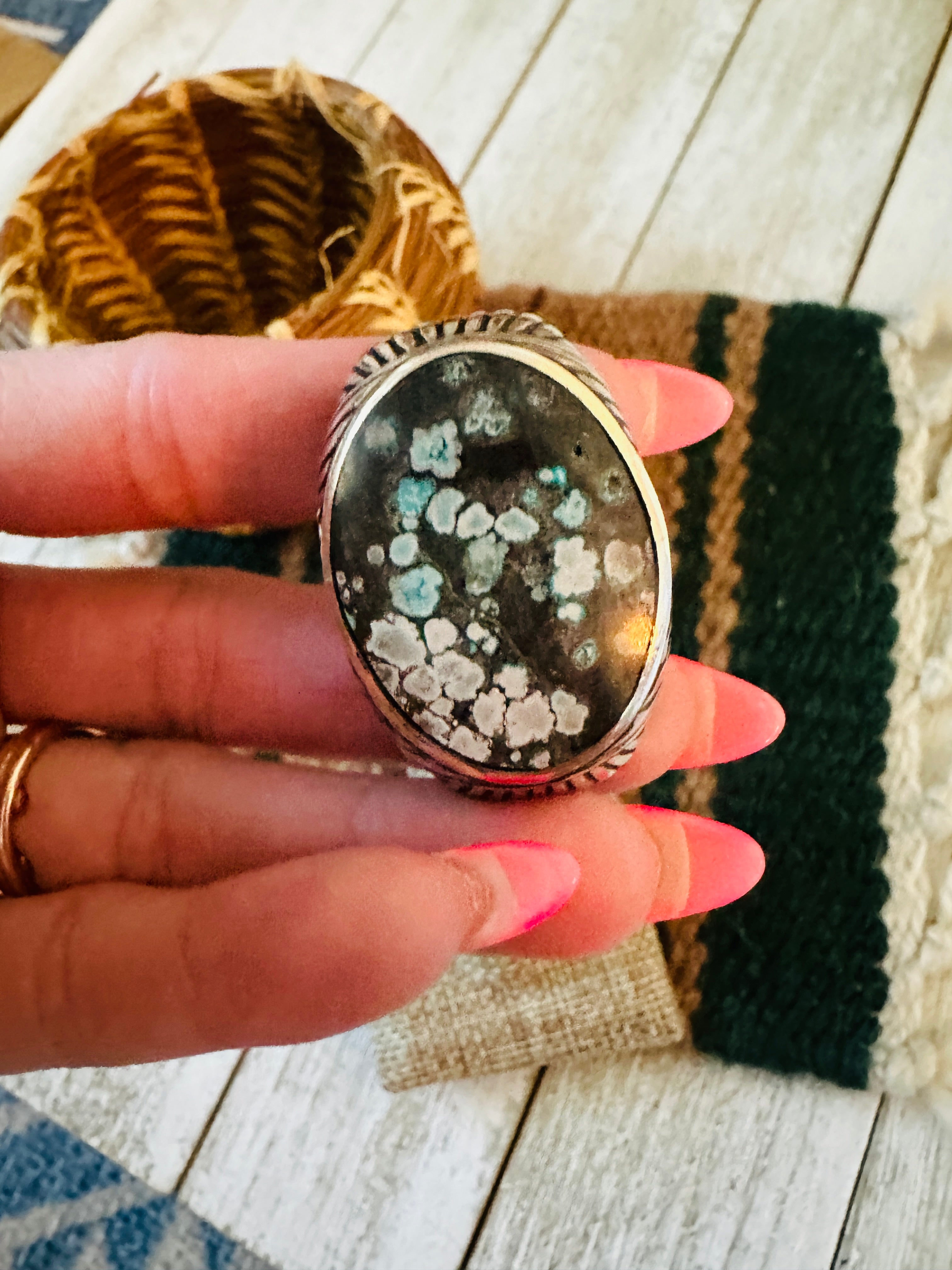 Old Pawn Handcrafted Sterling Silver & Kingman Web Turquoise Men’s Ring Size 7.5