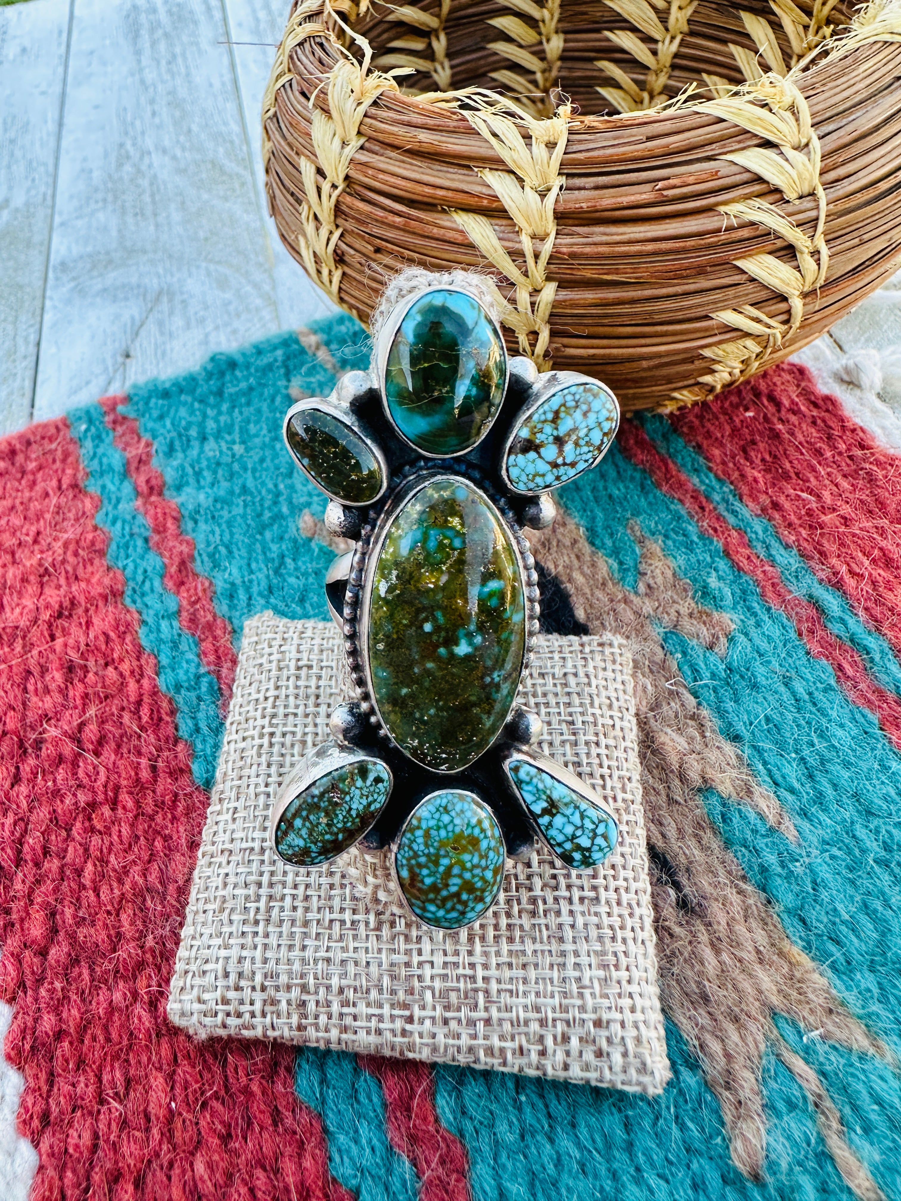 Hand Crafted Turquoise & Sterling Silver Ring Size 8.5 by Ella Peter