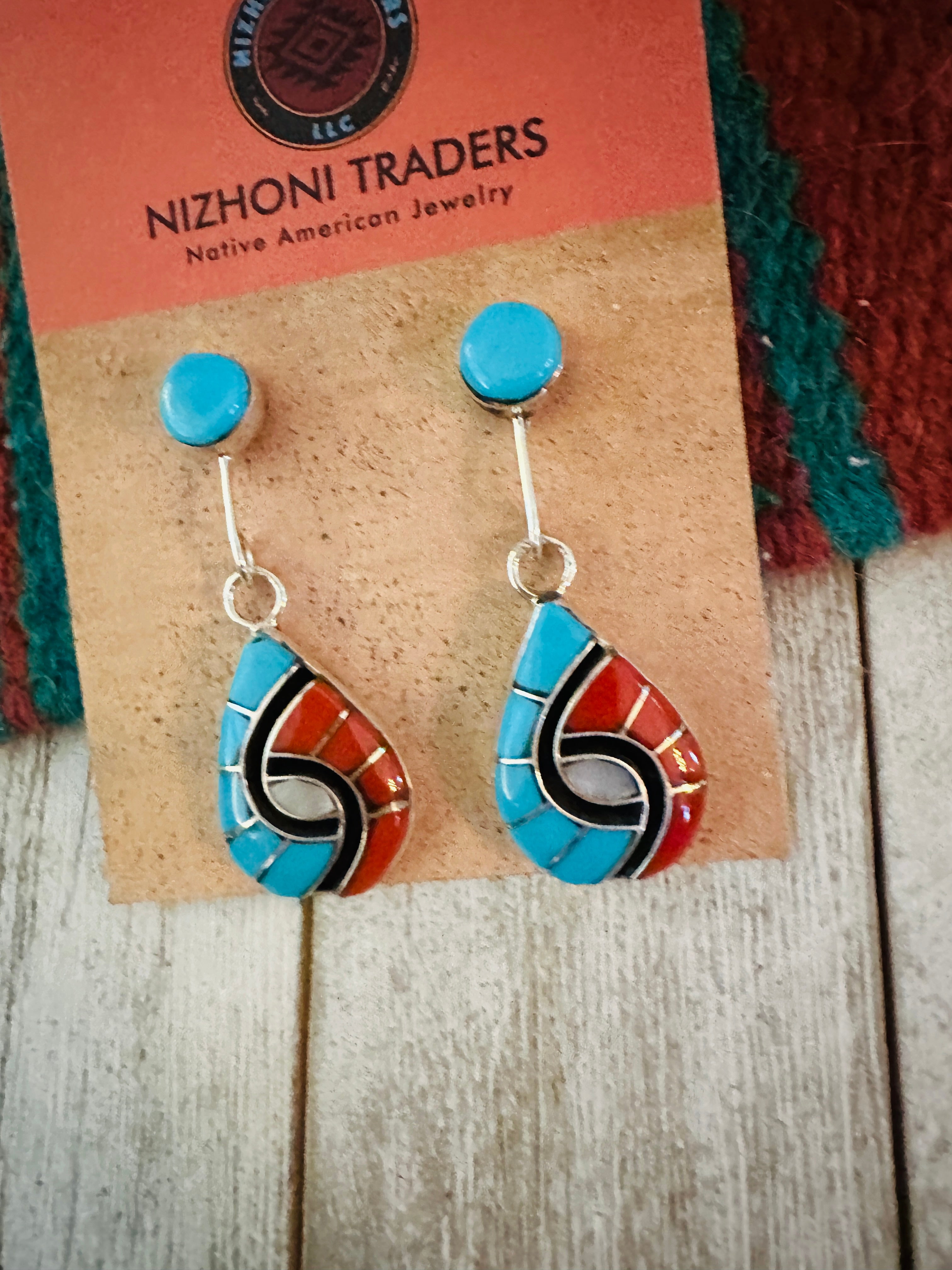 Zuni Multi Stone & Sterling Silver Inlay Dangle Earrings