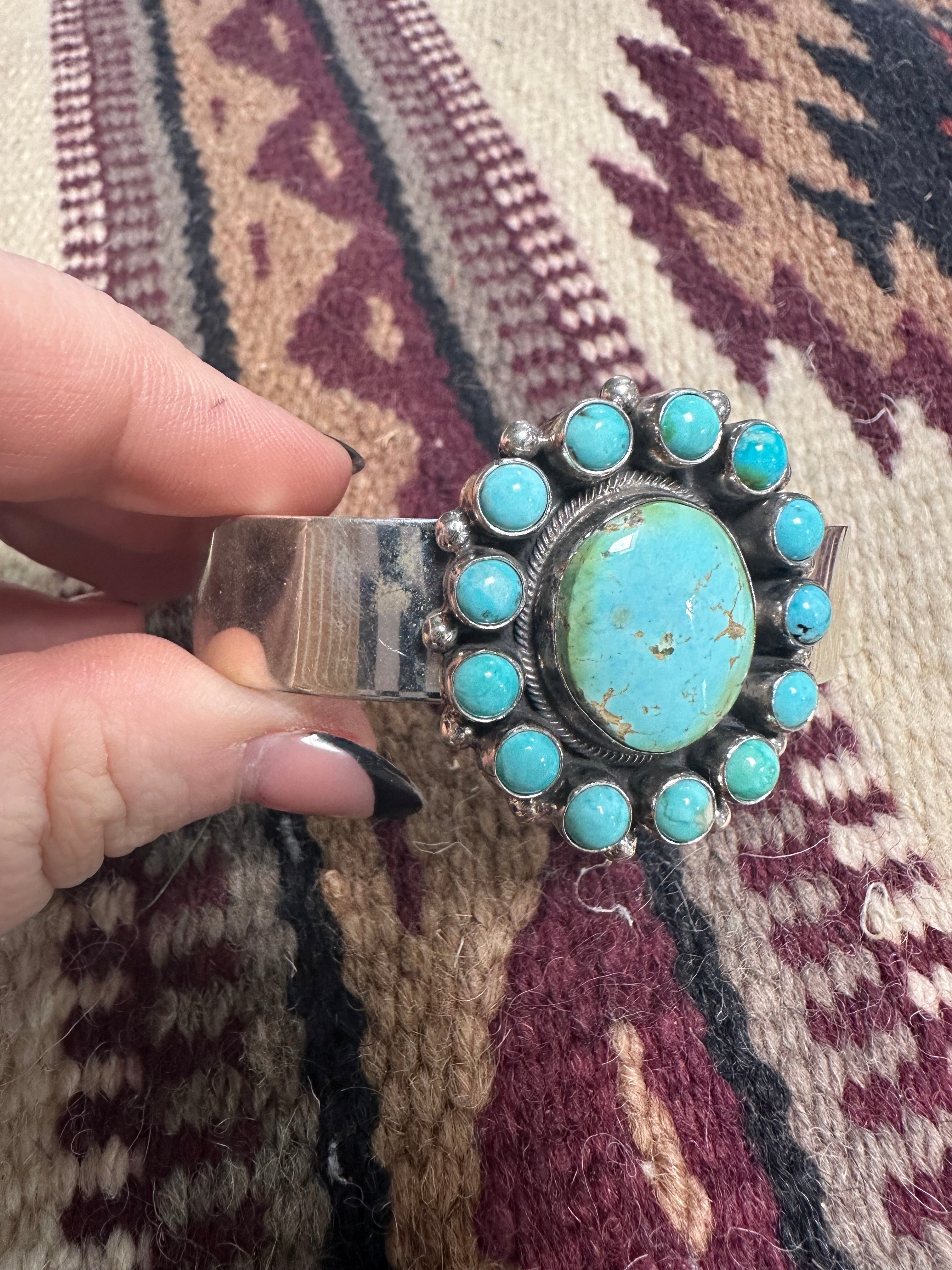 Beautiful B Johnson Navajo Sterling Turquoise Cluster Bracelet Cuff Signed /