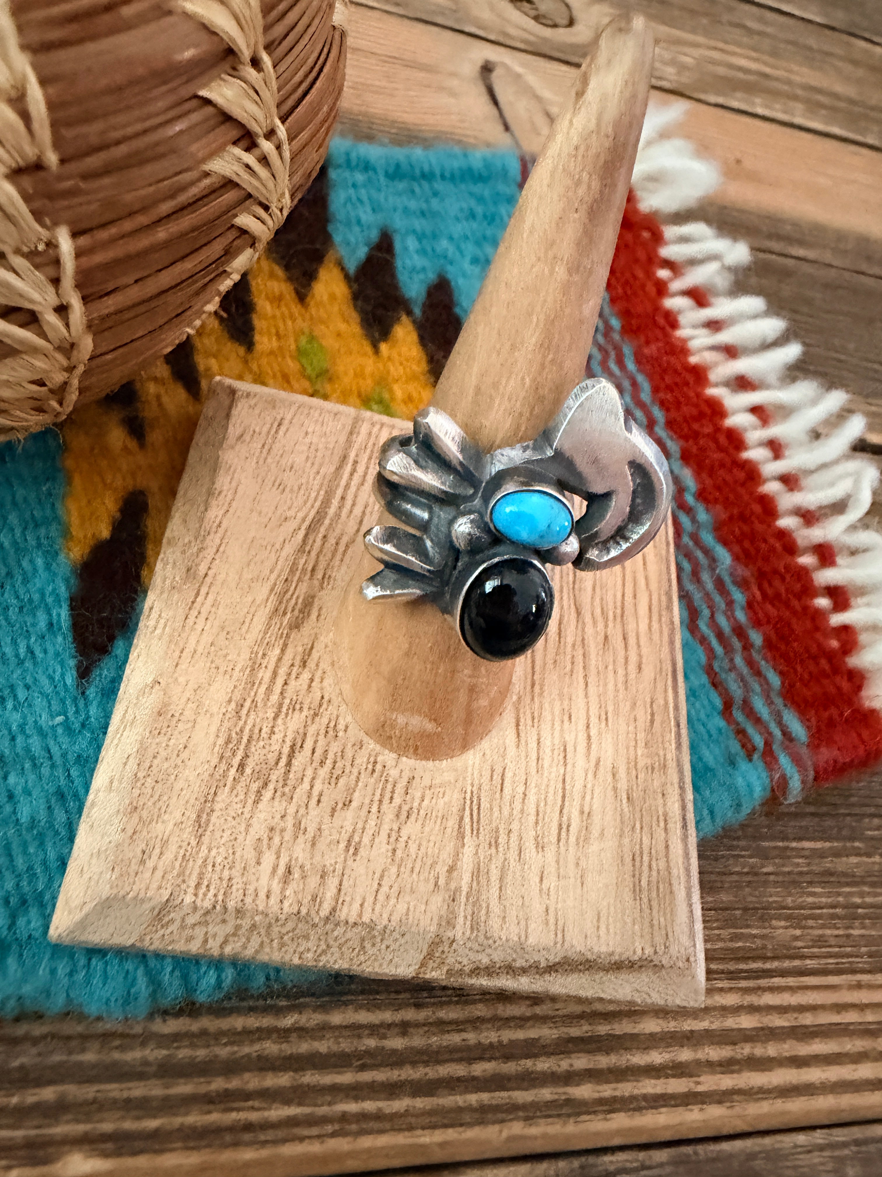 Handcrafted Onyx, Turquoise and Sterling Silver Goat Ring size 7 by Chimney Butte