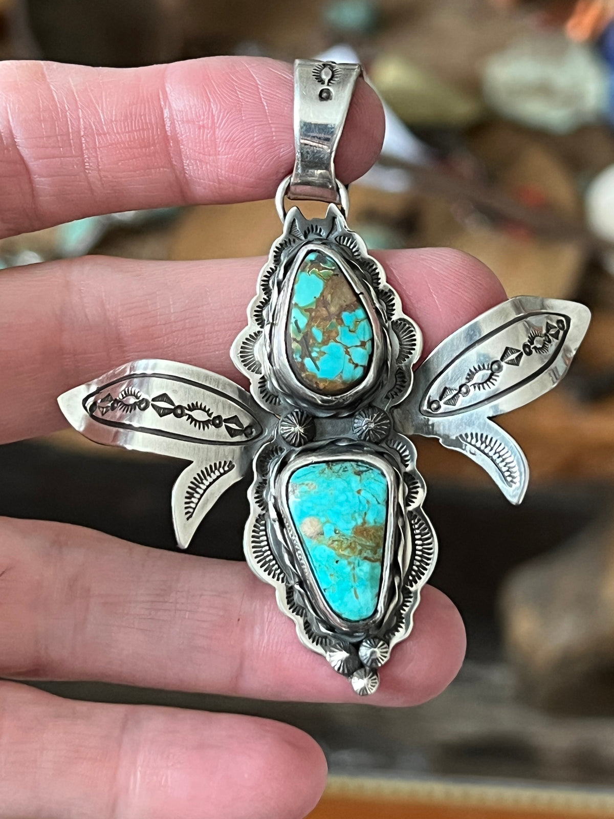 Handcrafted Sterling Silver and Turquoise Winged Bug Pendant by Kimari Somers