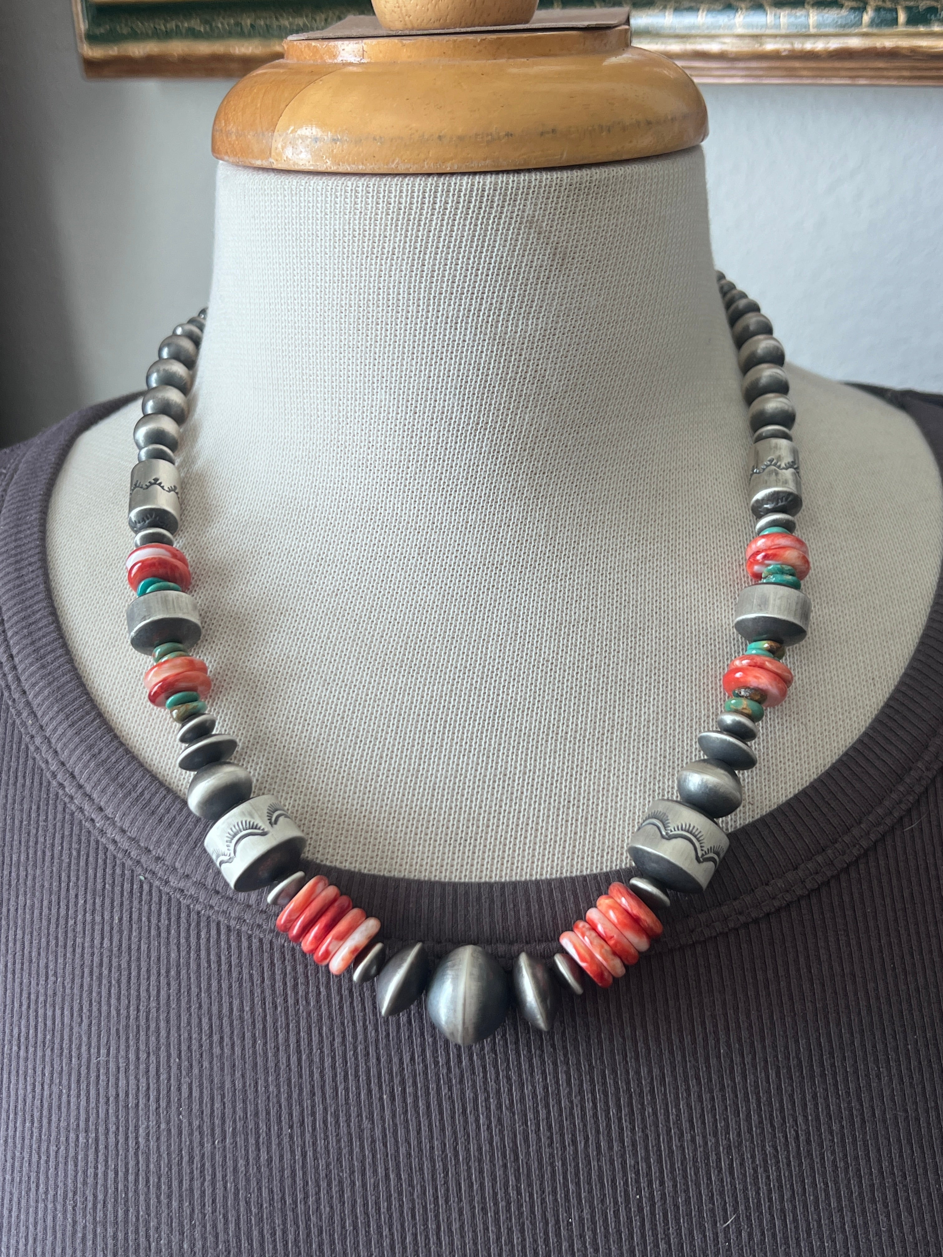 Chunky Sterling Silver, Red Spiny Oyster & Turquoise Single Strand Beaded Necklace by Rose Martin, 20” + 1”