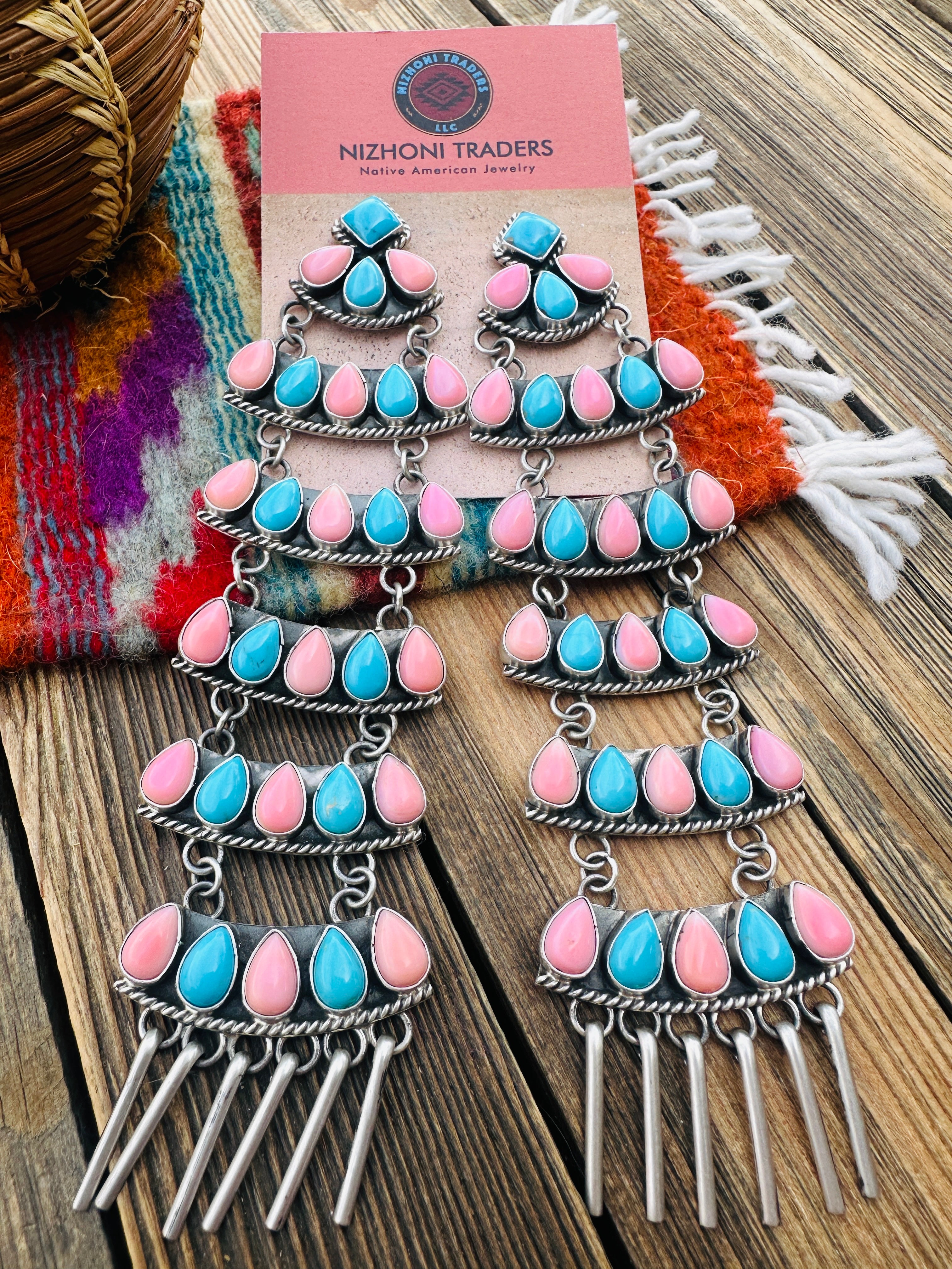 Handcrafted Turquoise, Pink Conch & Sterling Silver Chandelier Dangle Earrings by Charles Johnson