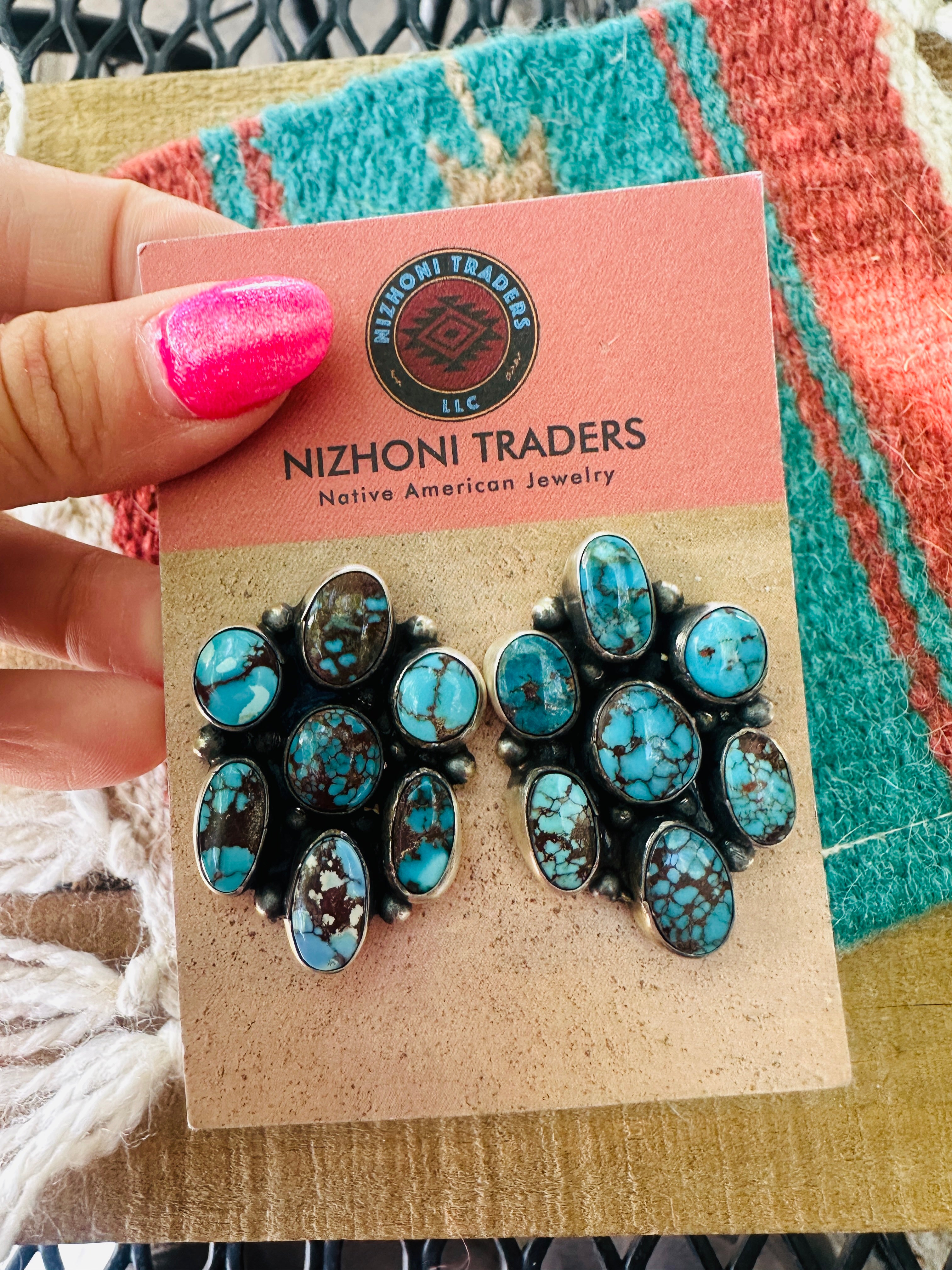 Handcrafted Sterling Silver & Kingman Web Turquoise Cluster Post Earrings