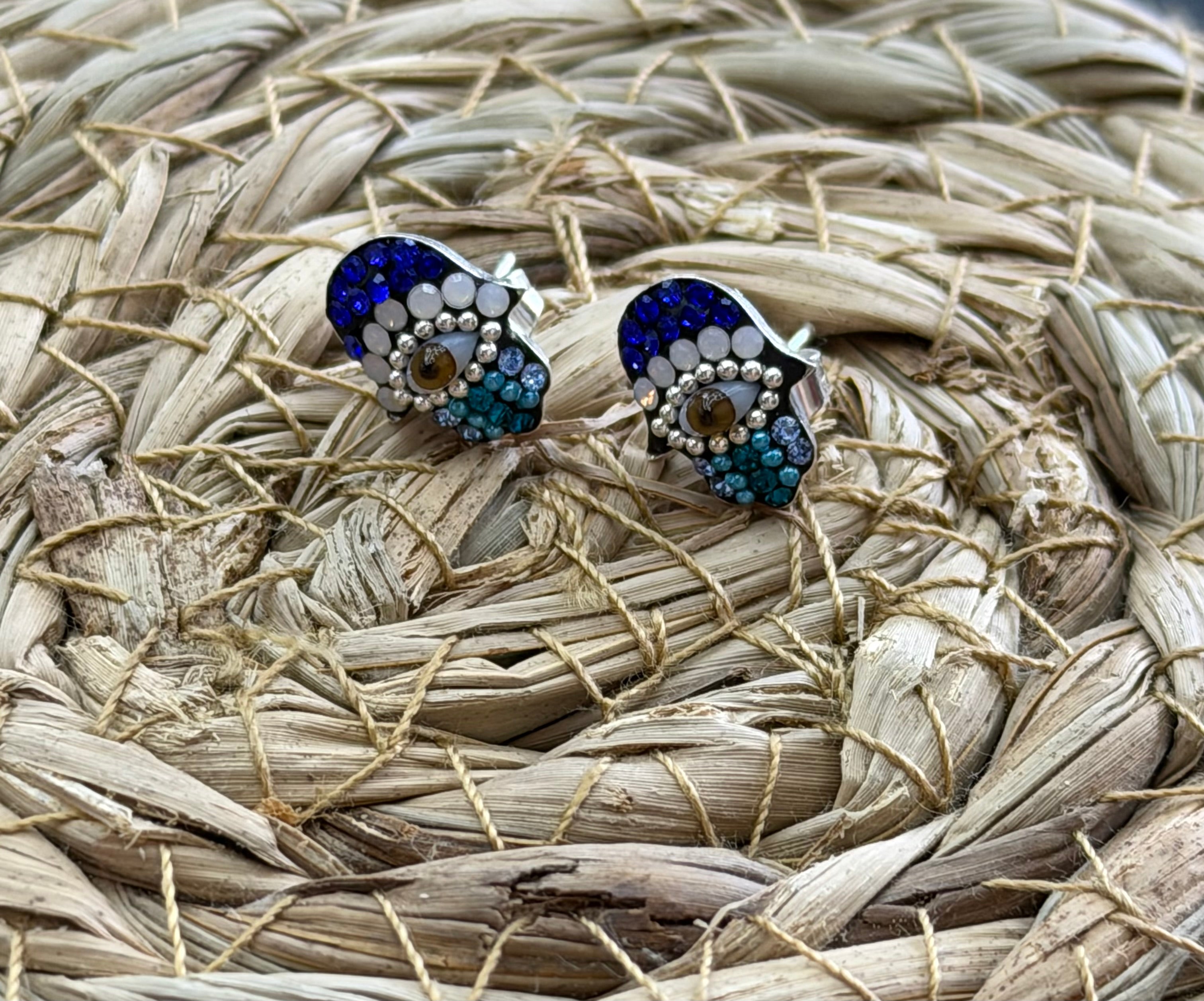 Hamsa Blue Evil Eye Sterling Silver Stud Earrings