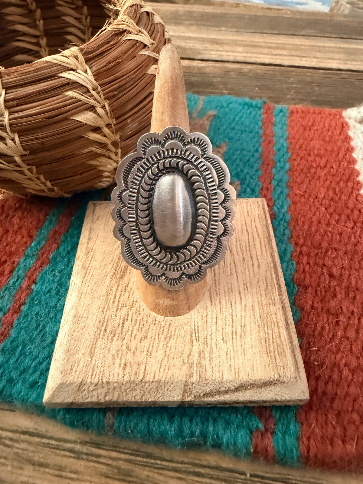 Handcrafted Sterling Silver Adjustable Concho Ring by Leander Tahe