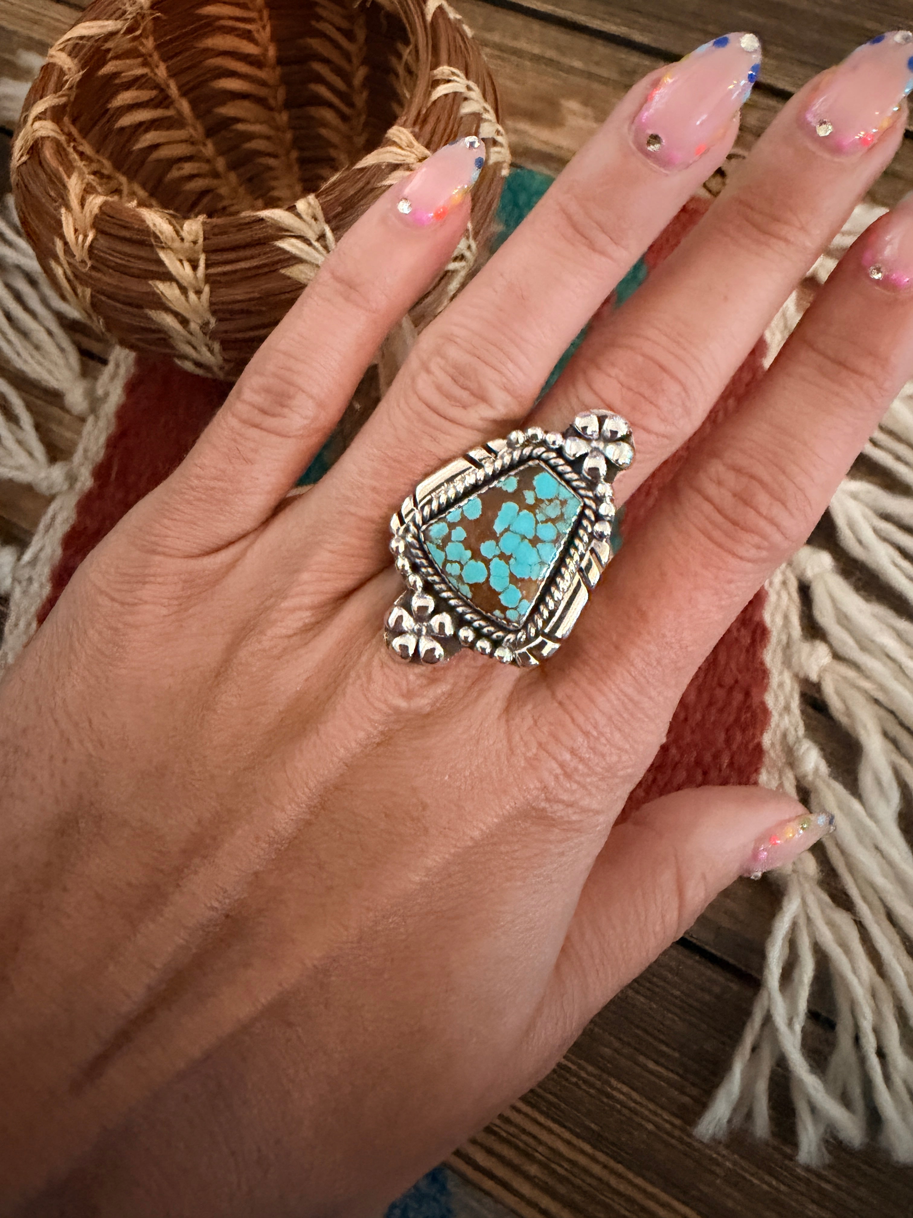 Handmade Sterling Silver Number 8 Turquoise Adjustable Ring Signed Nizhoni
