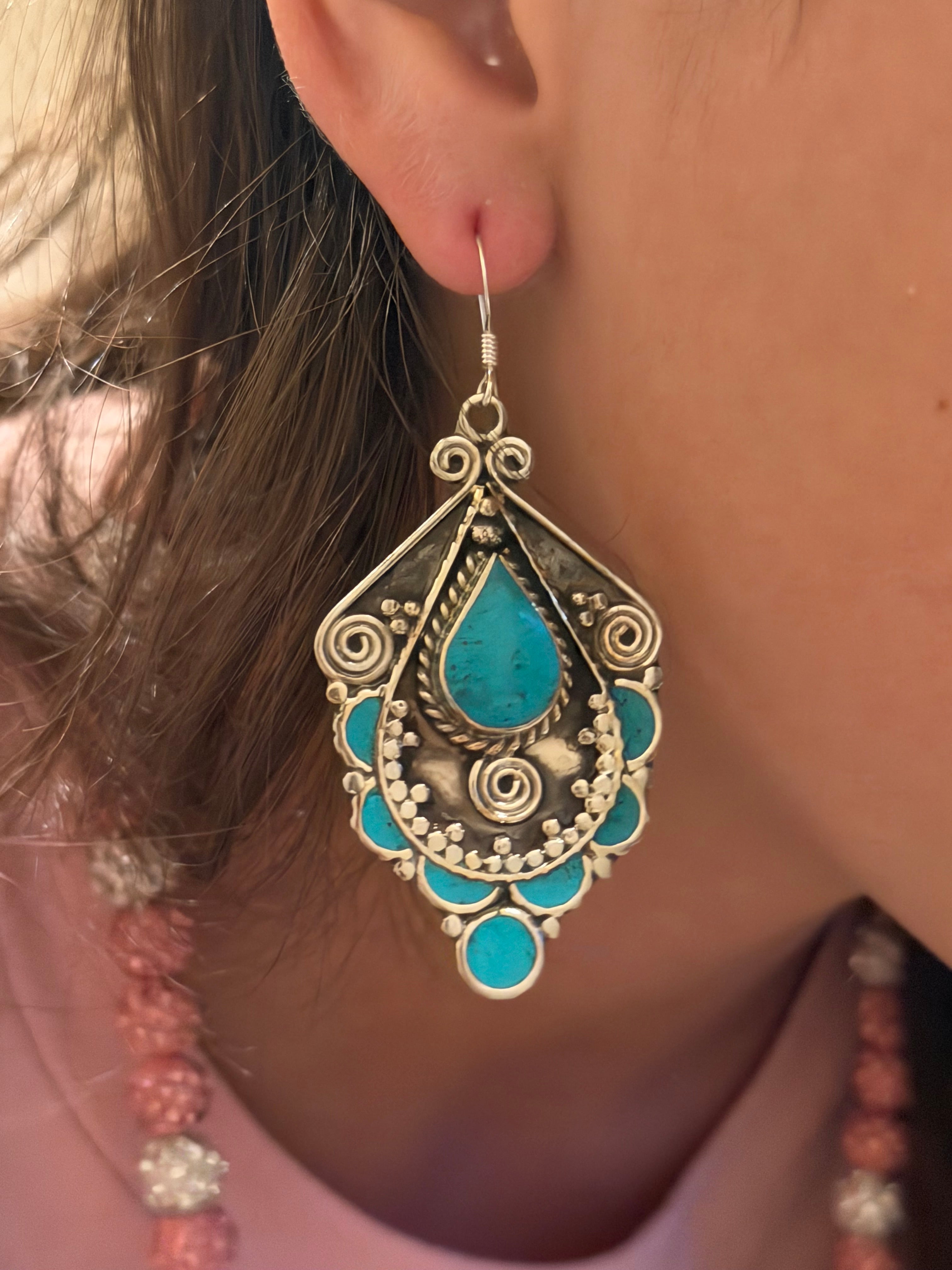 Vintage Turquoise Teardrop Filigree Statement Earrings