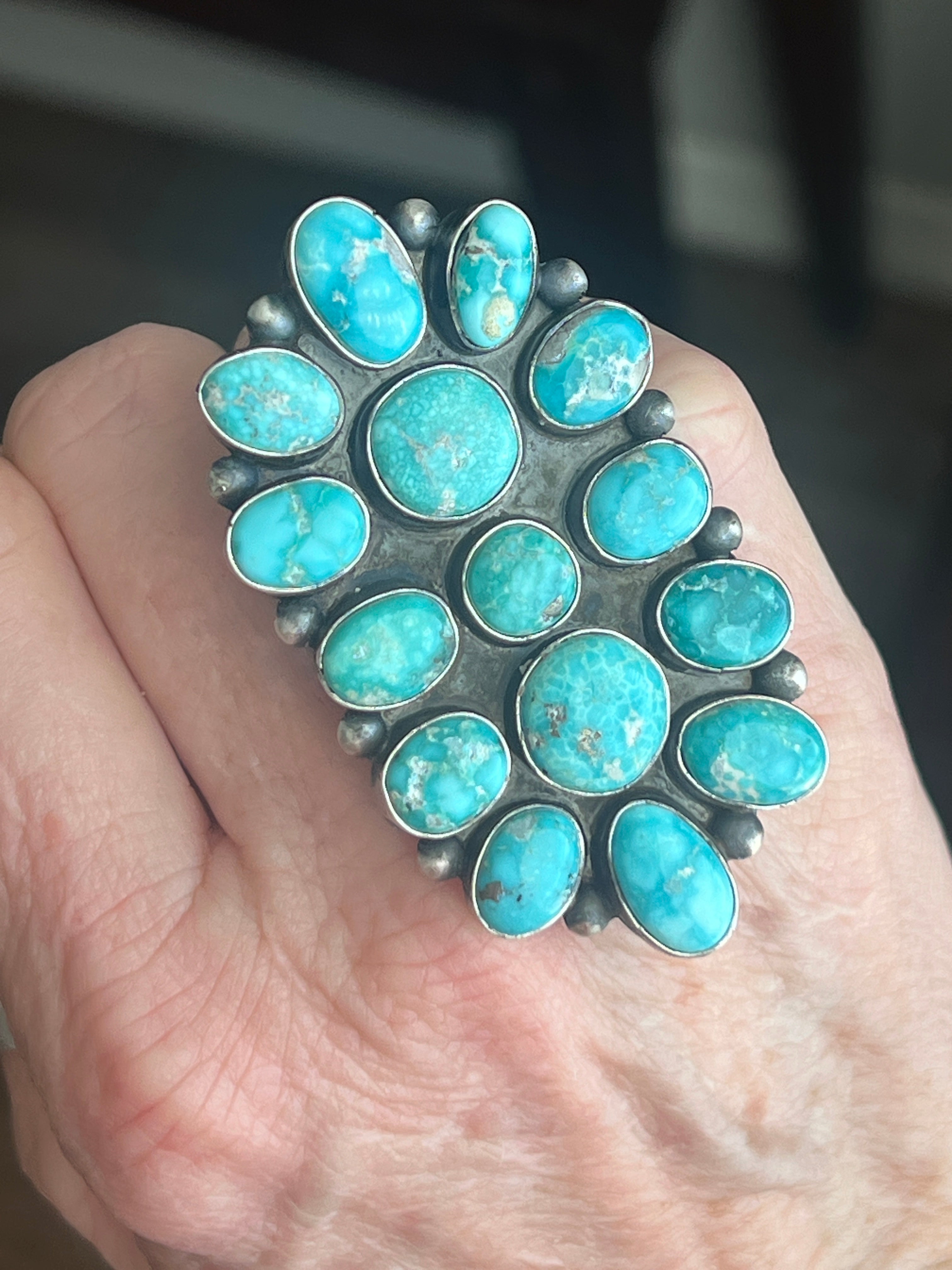 Handcrafted Paul Livingston Sterling Silver and Campitos Turquoise Cluster Ring, Size 7