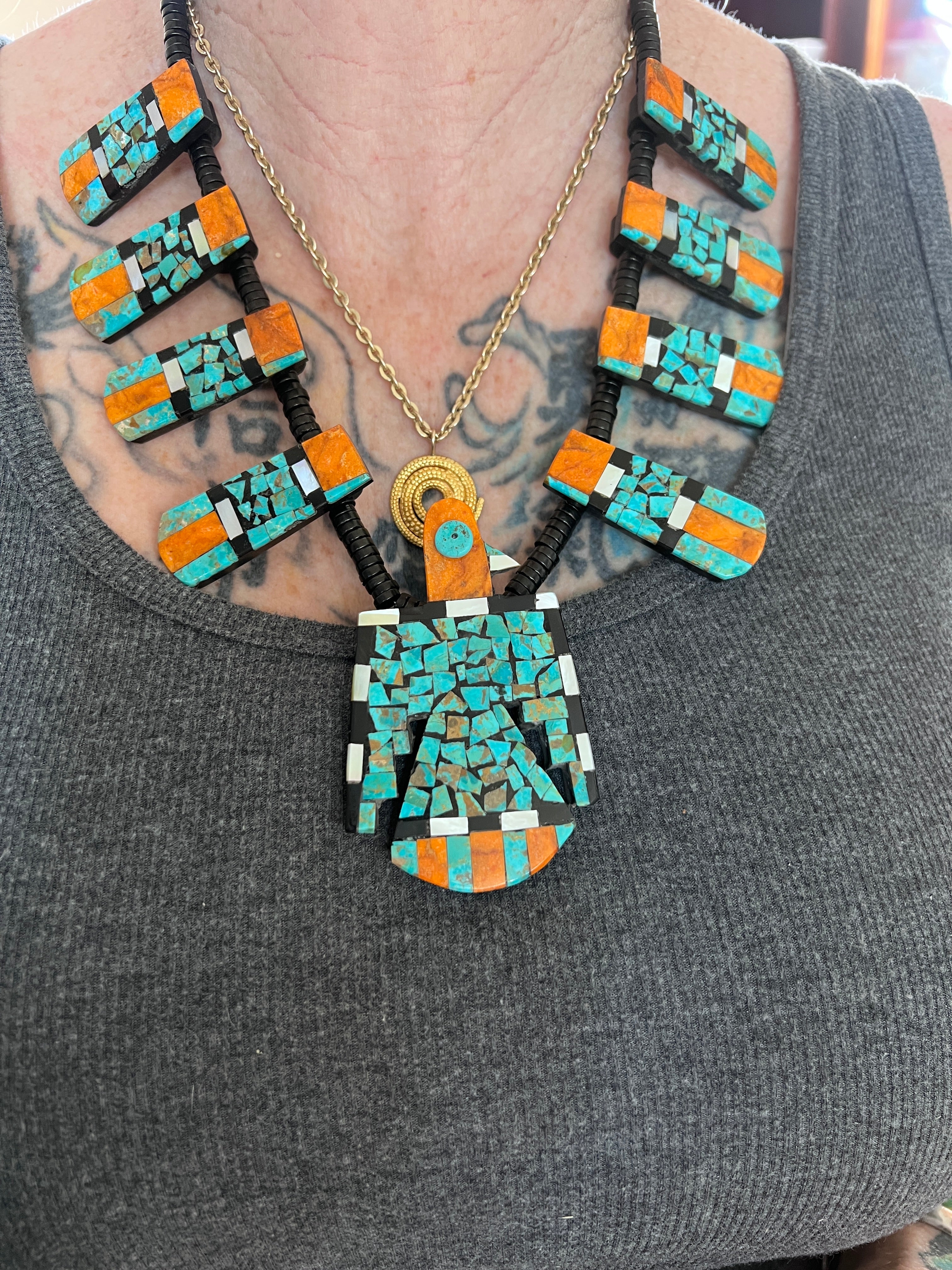 Handcrafted Inlay Turquoise and Apple Coral Thunderbird Tab Necklace & Earrings Set by Warren Nieto