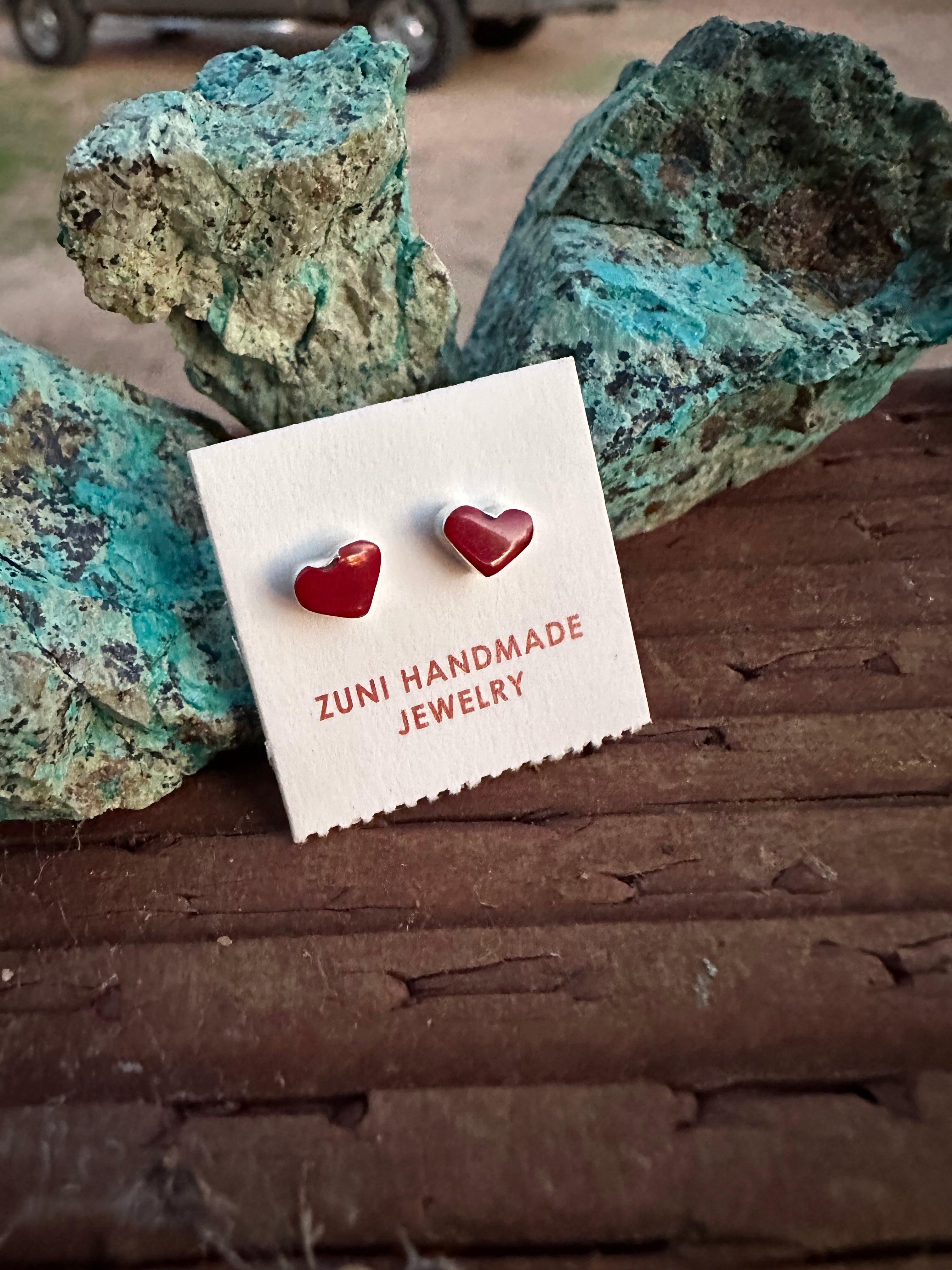 Handcrafted Red Coral & Sterling Silver Heart Stud Earrings